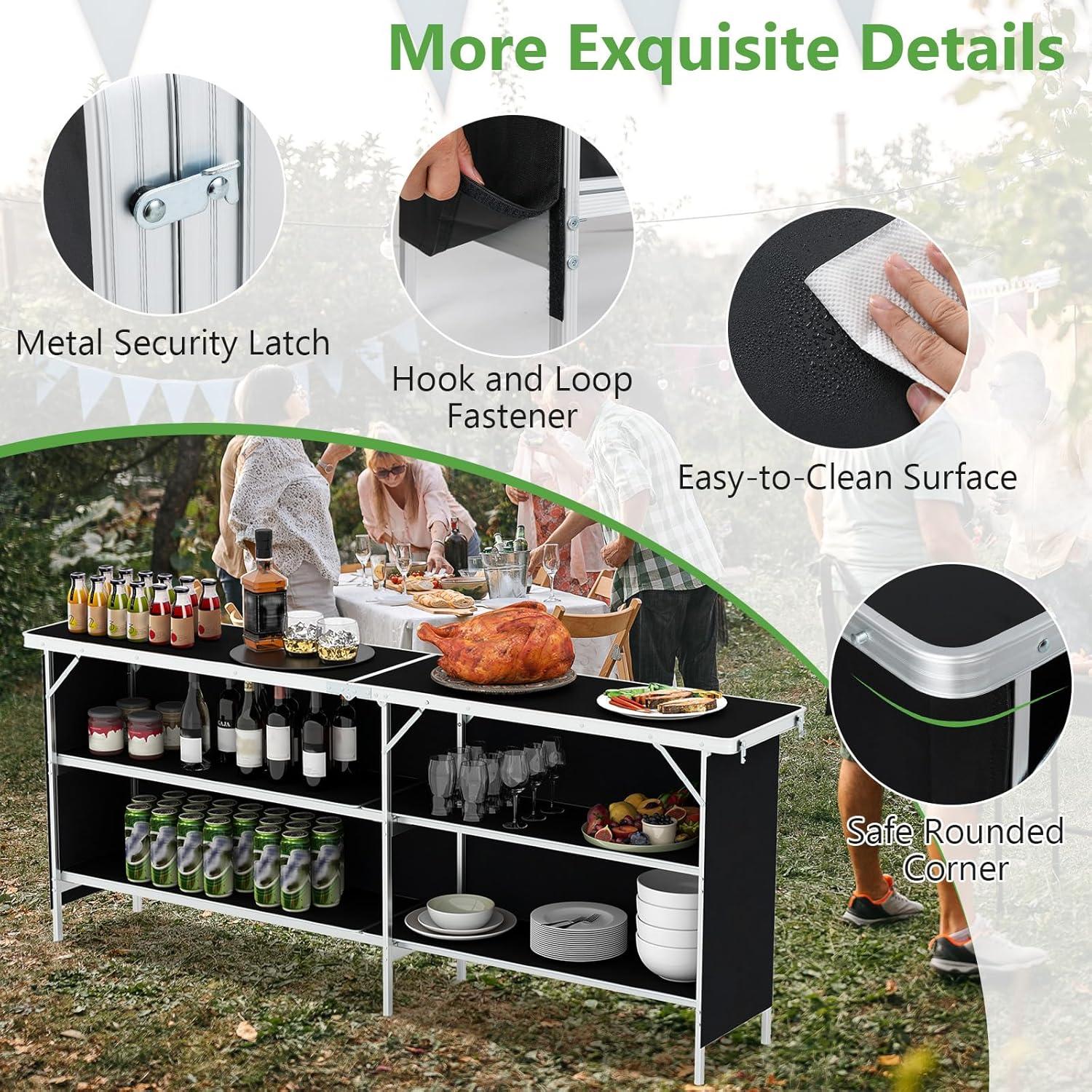 image:imageGiantex Portable Bar Table for Events Folding Mobile Bartending Station with Storage Shelves Removable Privacy Skirt Carrying Case for Parties Catering Trade Shows Coffee 435L x 345HBlack