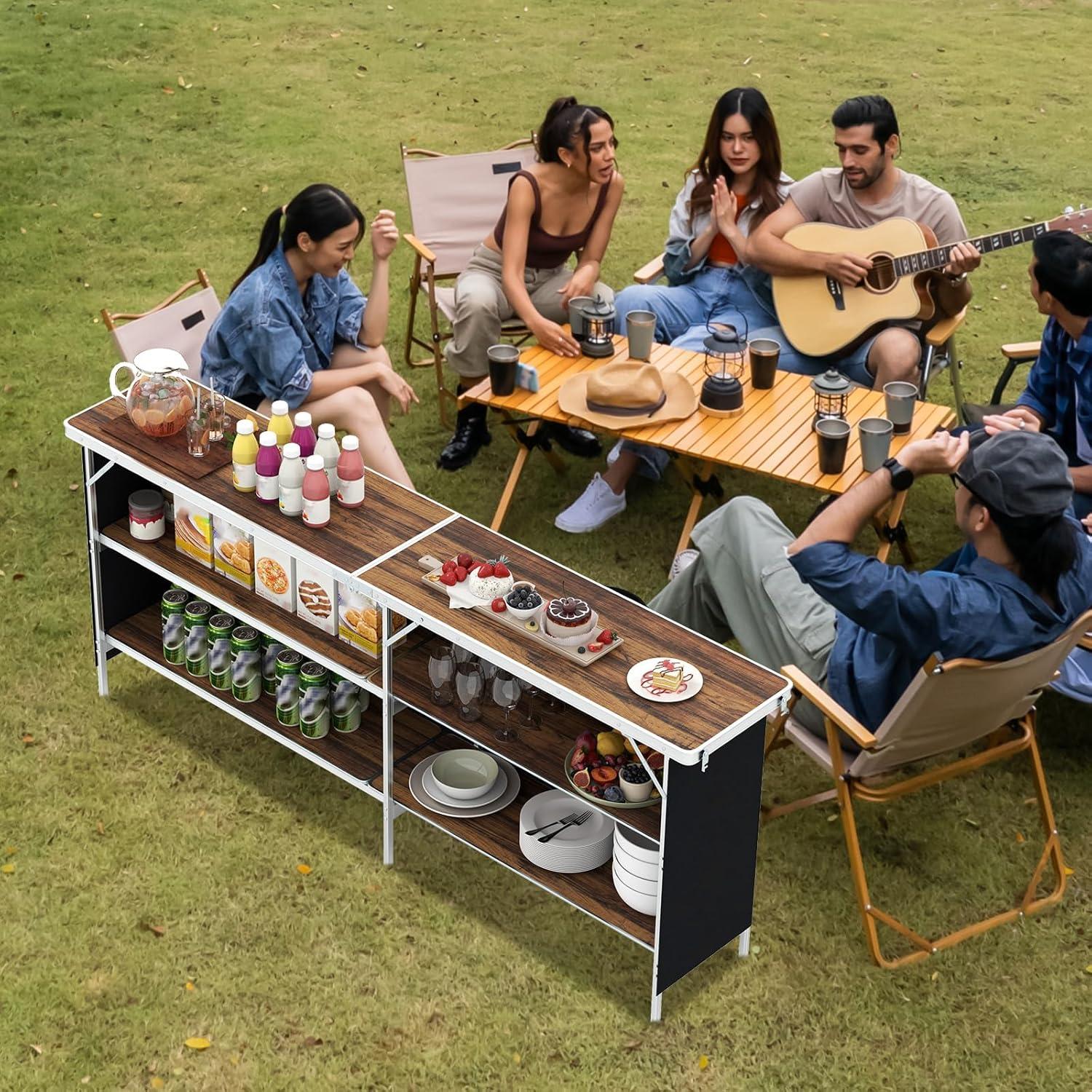 image:imageGiantex Portable Bar Table for Events Folding Mobile Bartending Station with Storage Shelves Removable Privacy Skirt Carrying Case for Parties Catering Trade Shows Coffee 435L x 345HCoffee