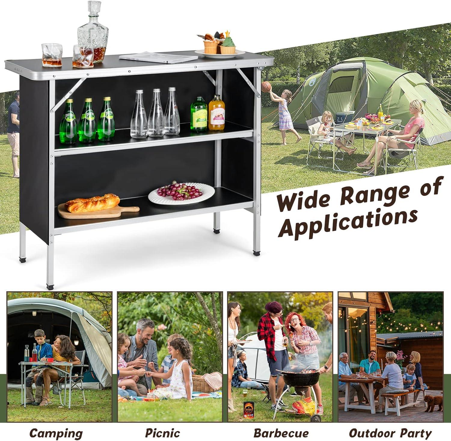 image:imageGiantex Portable Bar Table for Events Folding Mobile Bartending Station with Storage Shelves Removable Privacy Skirt Carrying Case for Parties Catering Trade Shows Coffee 435L x 345HBlack