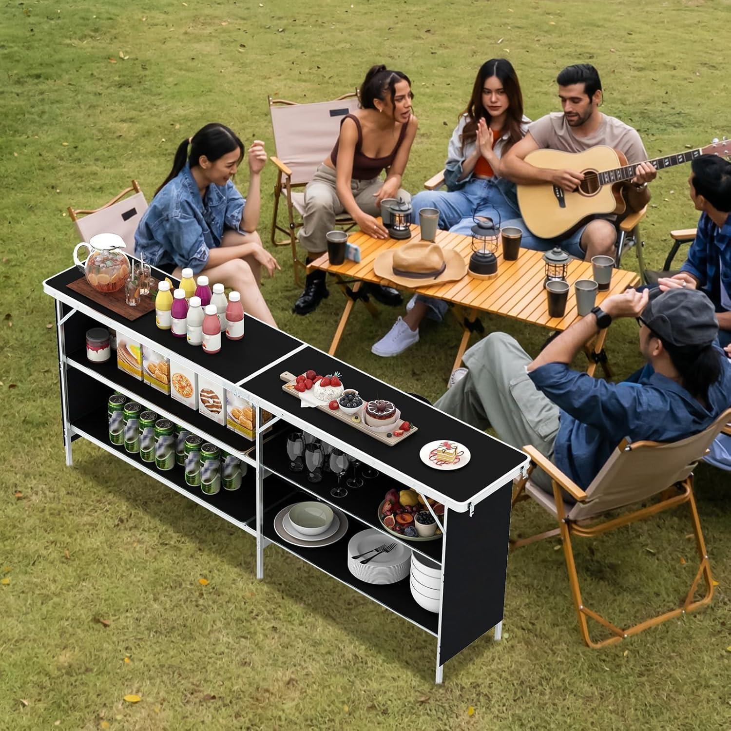 image:imageGiantex Portable Bar Table for Events Folding Mobile Bartending Station with Storage Shelves Removable Privacy Skirt Carrying Case for Parties Catering Trade Shows Coffee 435L x 345HBlack