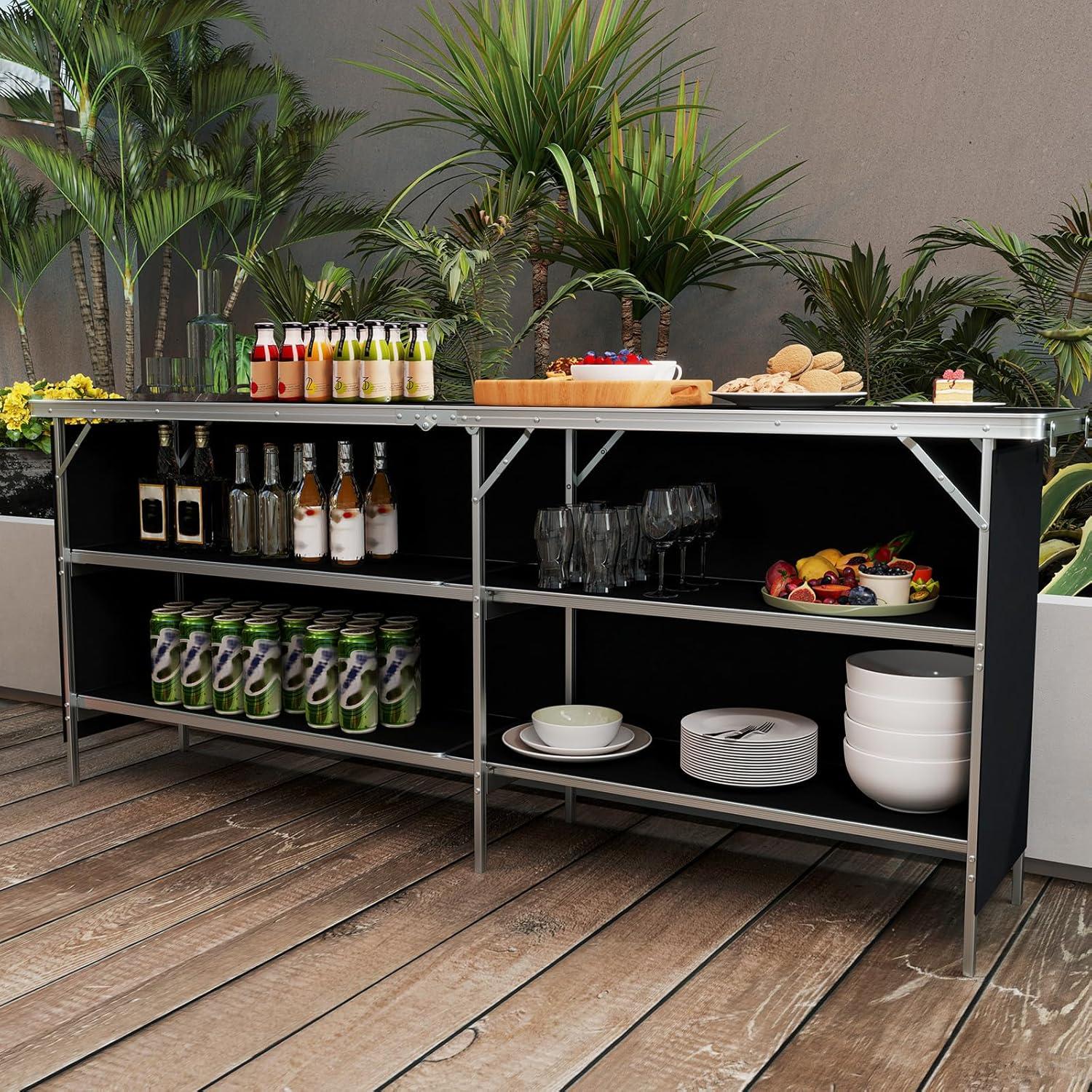 image:imageGiantex Portable Bar Table for Events Folding Mobile Bartending Station with Storage Shelves Removable Privacy Skirt Carrying Case for Parties Catering Trade Shows Coffee 435L x 345HBlack