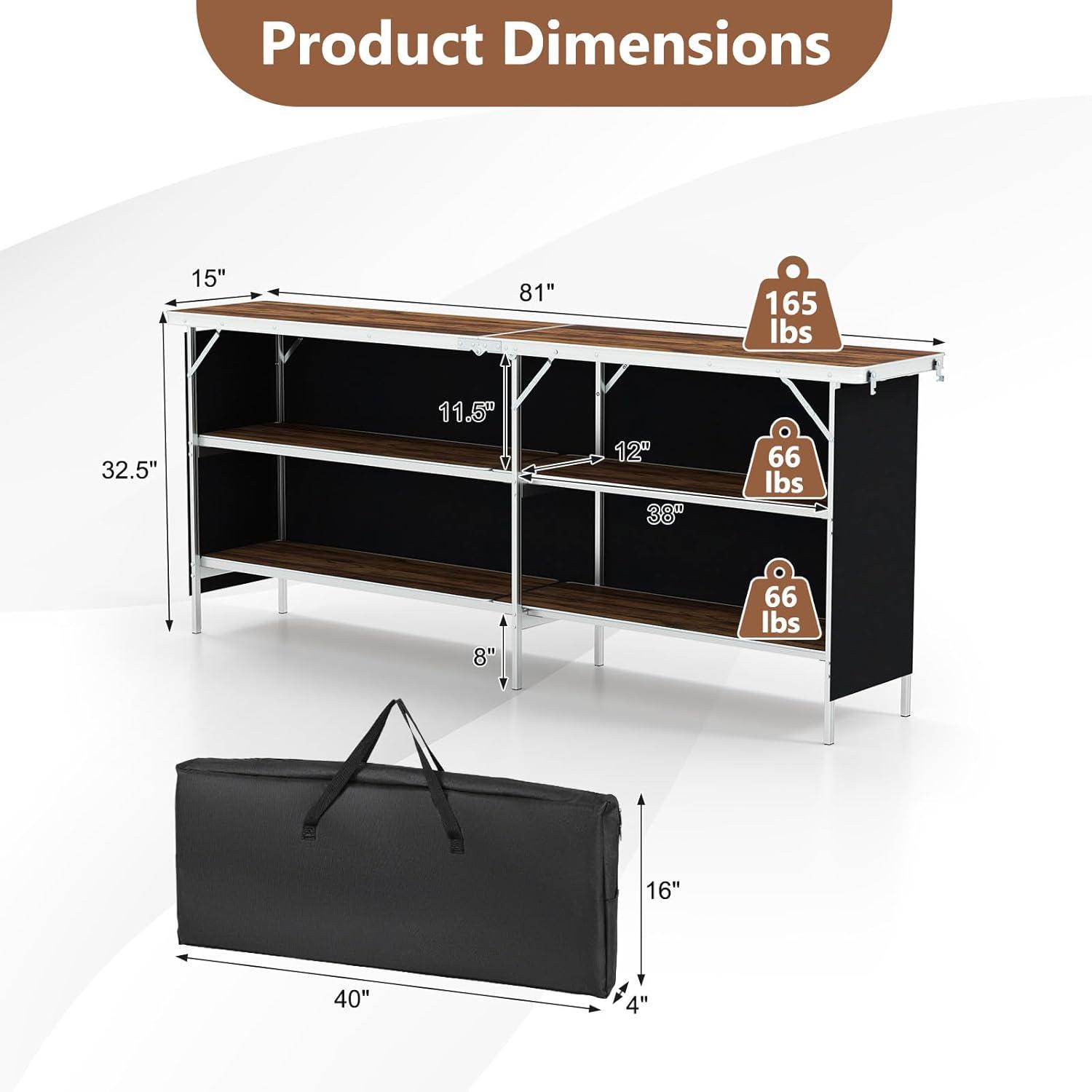 image:imageGiantex Portable Bar Table for Events Folding Mobile Bartending Station with Storage Shelves Removable Privacy Skirt Carrying Case for Parties Catering Trade Shows Coffee 435L x 345HCoffee