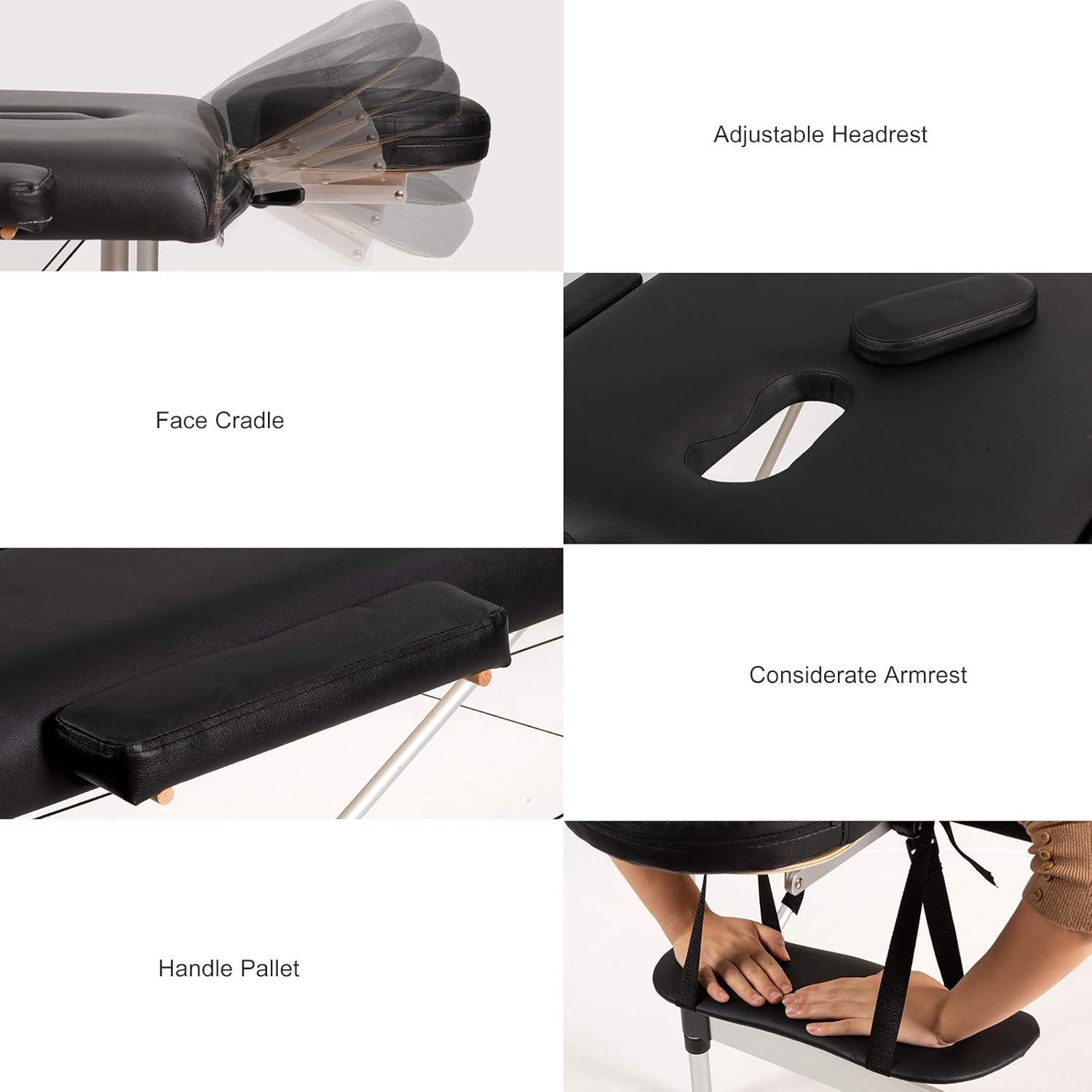 image:imageGiantex Portable Massage Table 84inch Folding Lash Bed Aluminium Frame Height Adjustable 2 Fold Professional Facial Salon Tattoo Massage Bed Face Cradle Armrests Headrest Carrying Bag Black