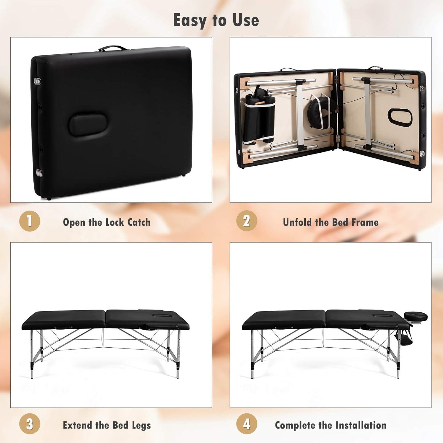 image:imageGiantex Portable Massage Table 84inch Folding Lash Bed Aluminium Frame Height Adjustable 2 Fold Professional Facial Salon Tattoo Massage Bed Face Cradle Armrests Headrest Carrying Bag Black