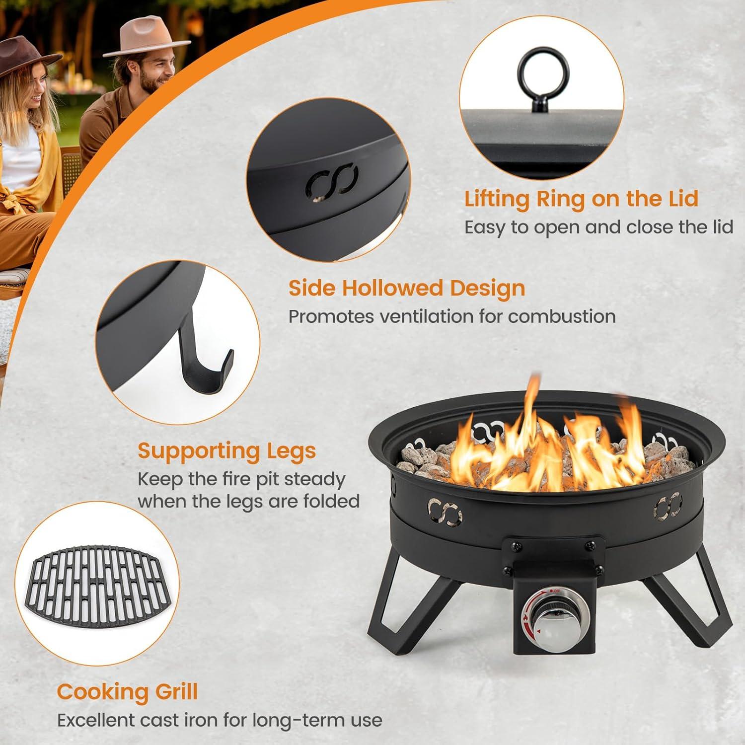 image:imageGiantex Portable Propane Fire Pit 17 Small Outdoor Fire Bowl wFoldable Legs Round Fireplace with Lid Removable Grill Carry Bag Lava Rocks 58000 BTU Smokeless Gas Firepit for Outdoor Camping