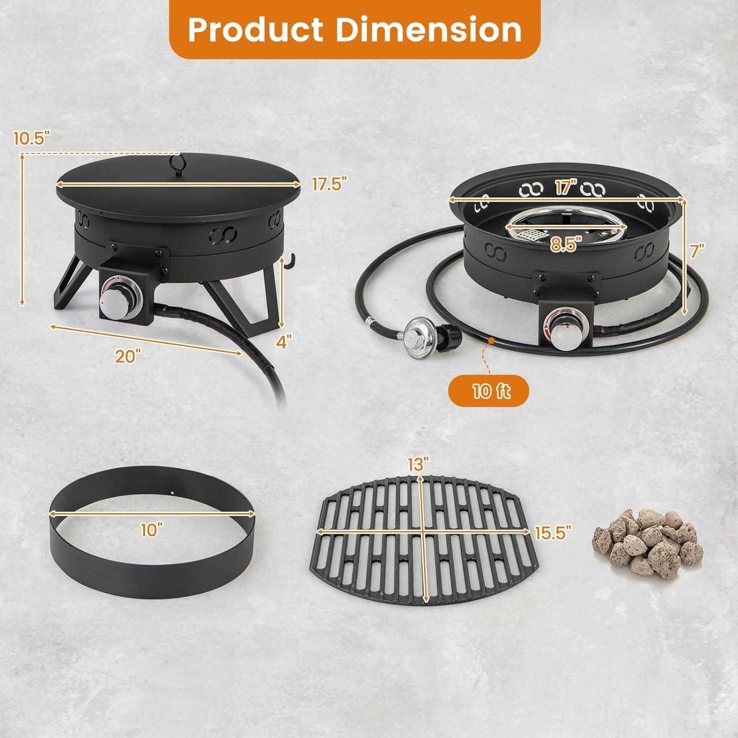 image:imageGiantex Portable Propane Fire Pit 17 Small Outdoor Fire Bowl wFoldable Legs Round Fireplace with Lid Removable Grill Carry Bag Lava Rocks 58000 BTU Smokeless Gas Firepit for Outdoor Camping