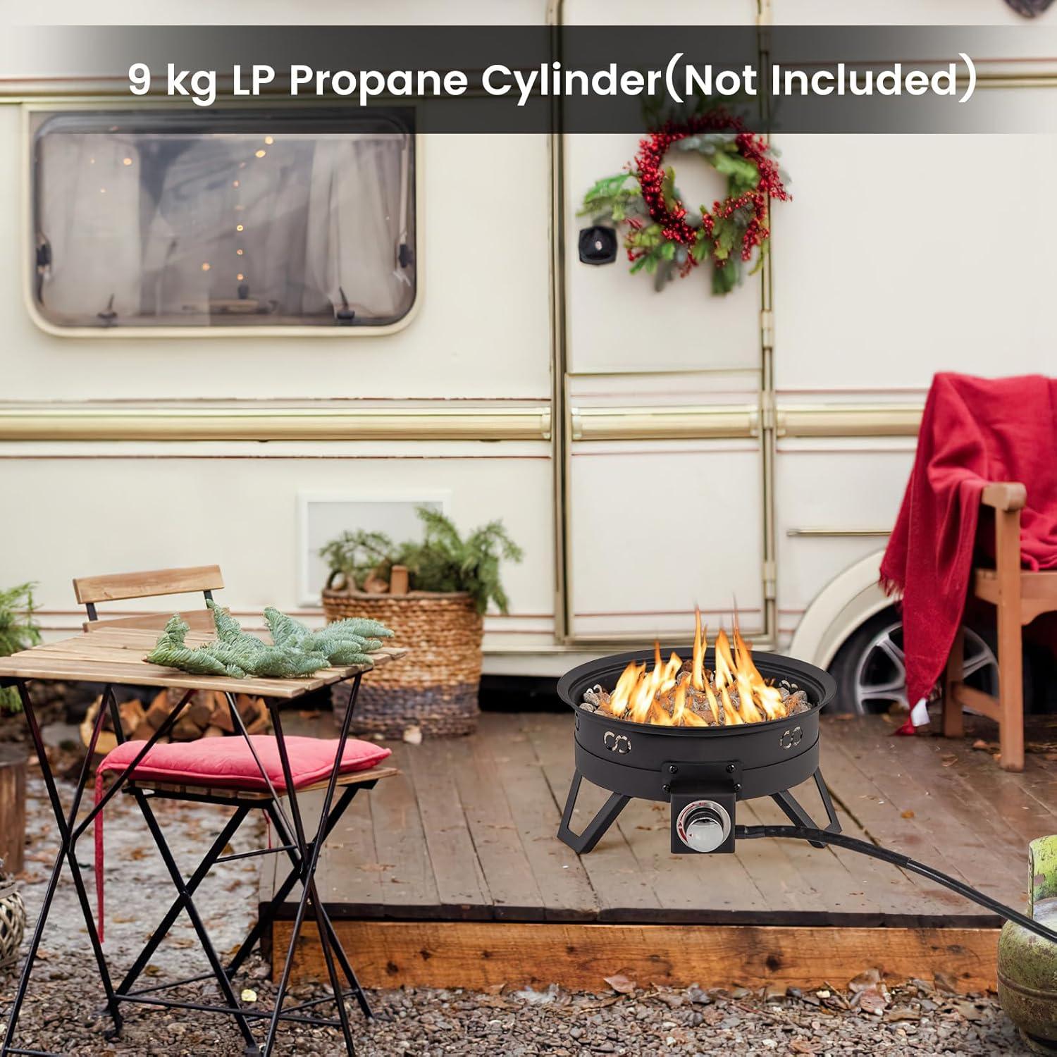 image:imageGiantex Portable Propane Fire Pit 17 Small Outdoor Fire Bowl wFoldable Legs Round Fireplace with Lid Removable Grill Carry Bag Lava Rocks 58000 BTU Smokeless Gas Firepit for Outdoor Camping