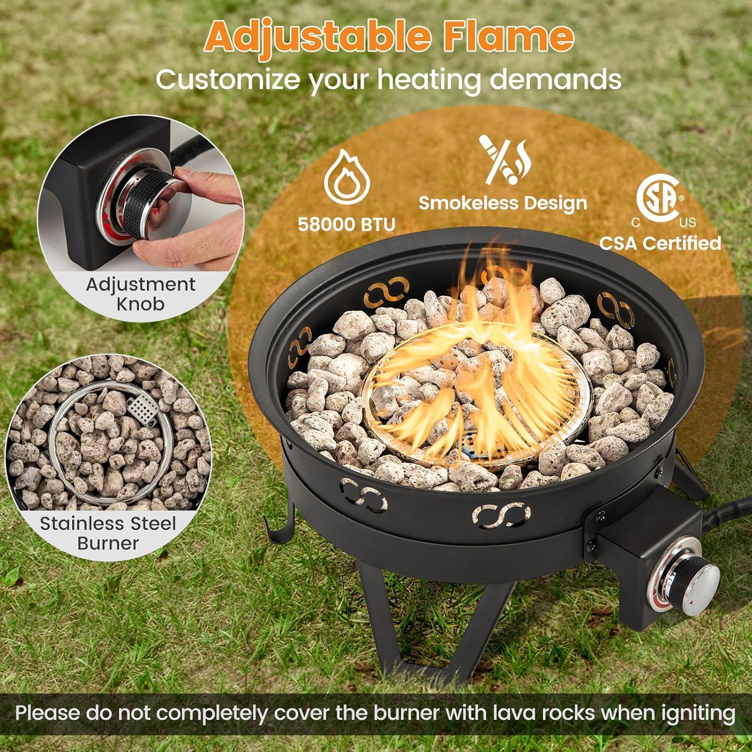 image:imageGiantex Portable Propane Fire Pit 17 Small Outdoor Fire Bowl wFoldable Legs Round Fireplace with Lid Removable Grill Carry Bag Lava Rocks 58000 BTU Smokeless Gas Firepit for Outdoor Camping
