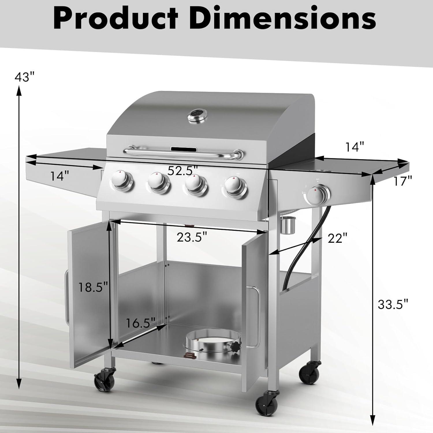 image:imageGiantex Propane Gas Grill 50000 BTU 4 Main Burners 1 Side Burner 2 Prep Tables Stainless Steel HeavyDuty BBQ Grill with 4 Wheels for Backyard Party Outdoor CookingStanding
