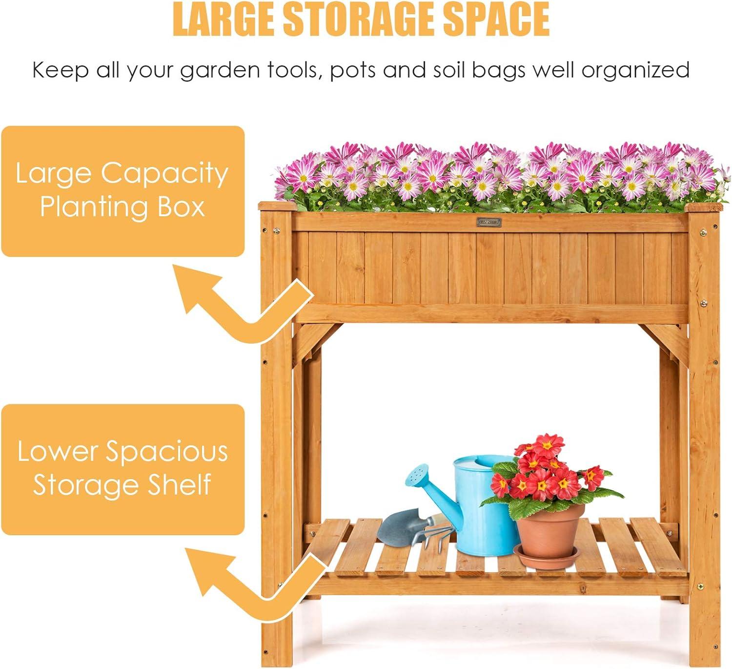 image:imageGiantex Raised Garden Bed Elevated Planter Box Kit with 8 Grids amp Liner for Herbs Vegetables Flowers Outdoor Solid Fir Wood Planting Container with Legs amp Storage Shelf for Backyard Patio NaturalNatural