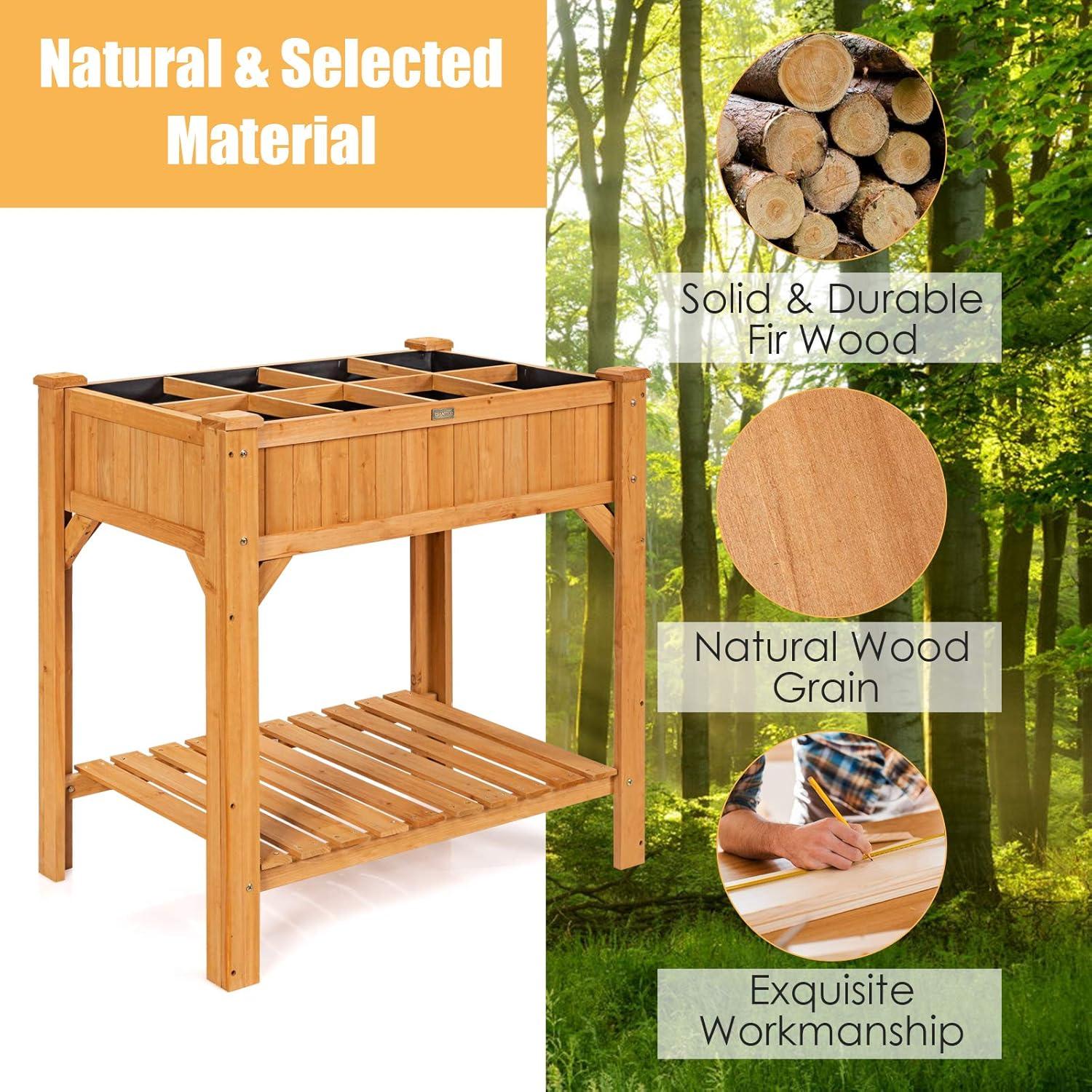 image:imageGiantex Raised Garden Bed Elevated Planter Box Kit with 8 Grids amp Liner for Herbs Vegetables Flowers Outdoor Solid Fir Wood Planting Container with Legs amp Storage Shelf for Backyard Patio NaturalNatural