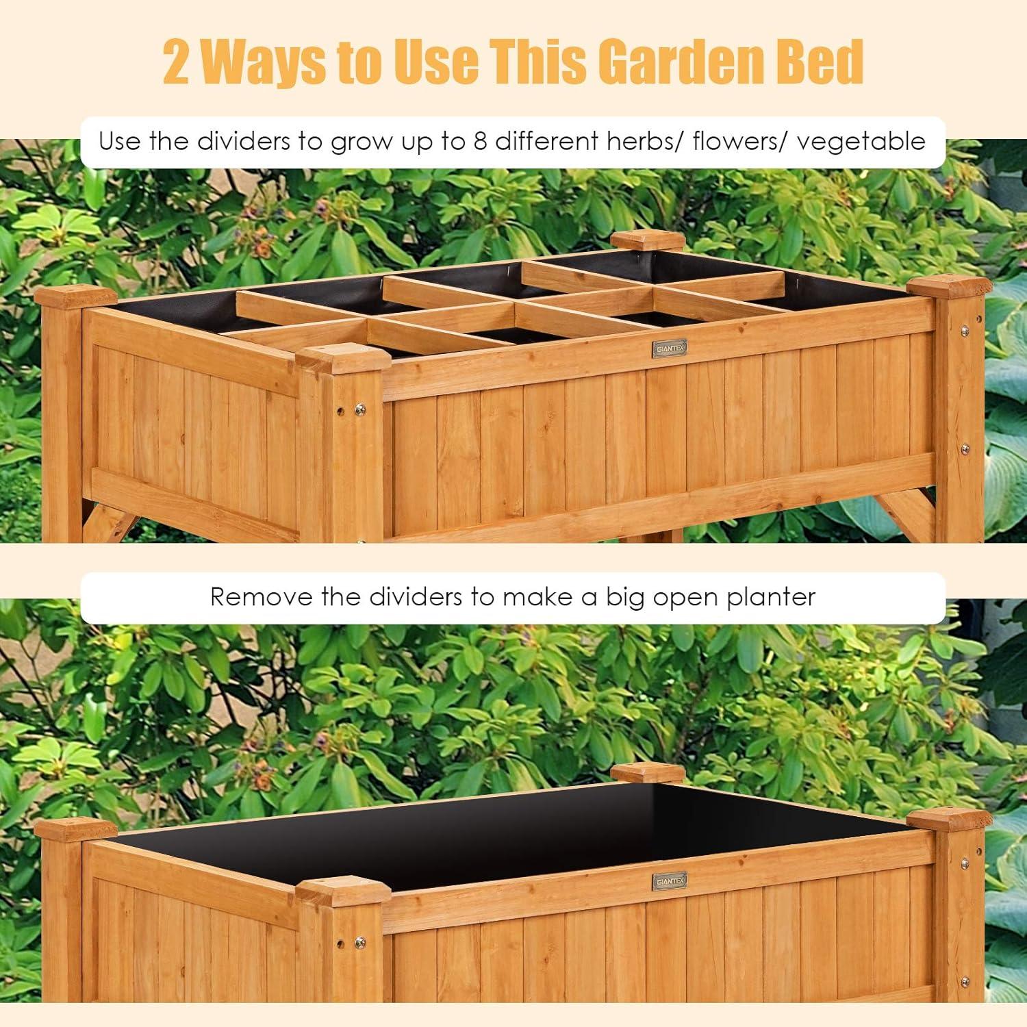 image:imageGiantex Raised Garden Bed Elevated Planter Box Kit with 8 Grids amp Liner for Herbs Vegetables Flowers Outdoor Solid Fir Wood Planting Container with Legs amp Storage Shelf for Backyard Patio NaturalNatural