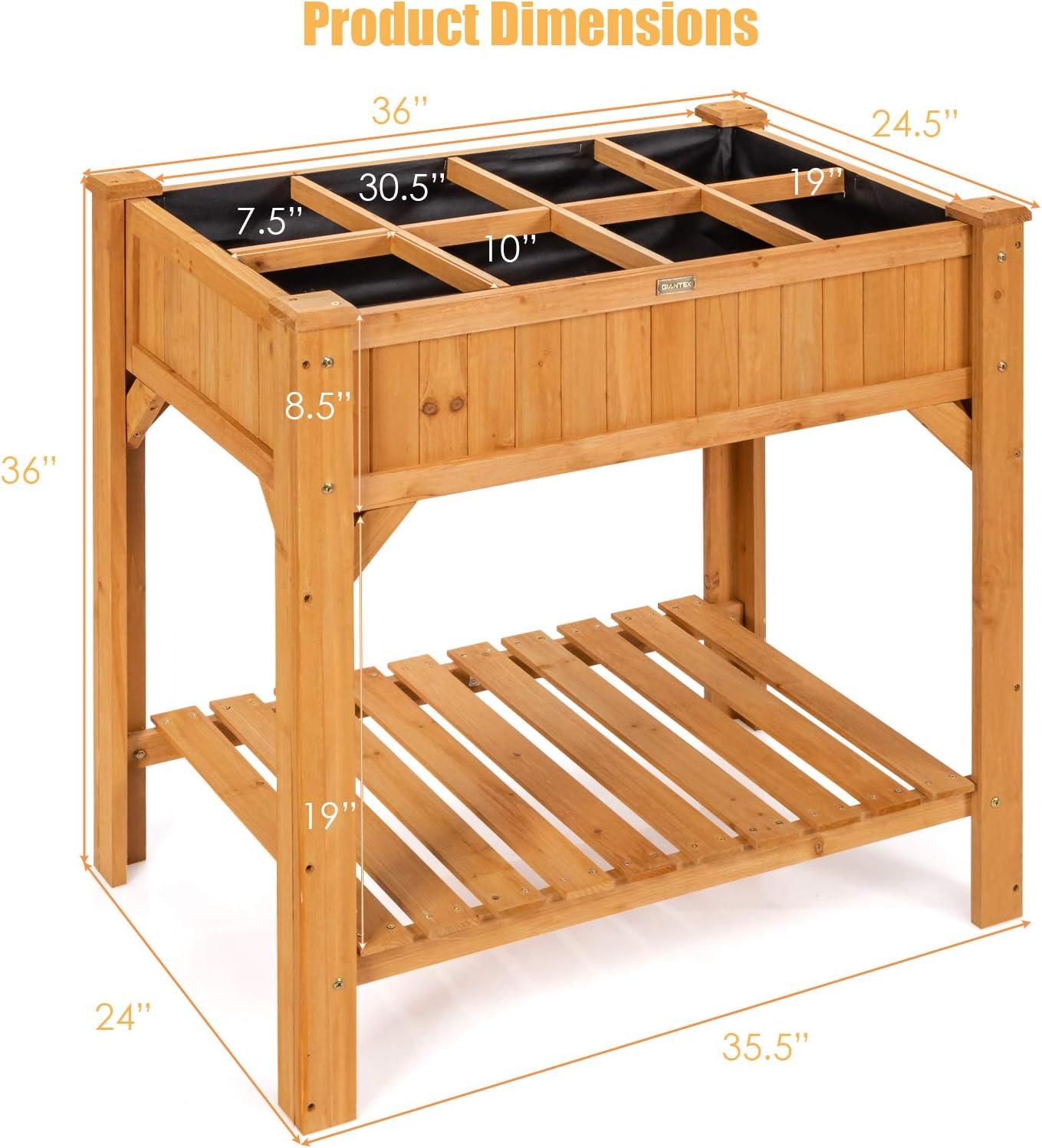 image:imageGiantex Raised Garden Bed Elevated Planter Box Kit with 8 Grids amp Liner for Herbs Vegetables Flowers Outdoor Solid Fir Wood Planting Container with Legs amp Storage Shelf for Backyard Patio NaturalNatural