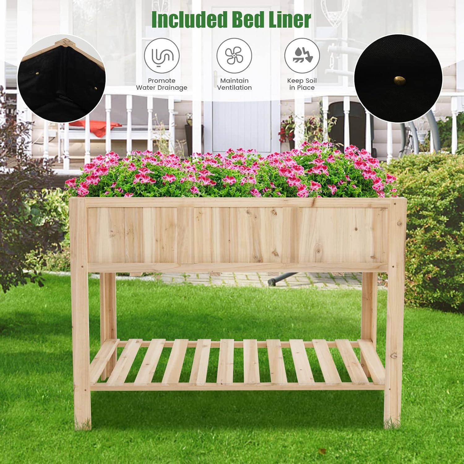 image:imageGiantex Raised Garden Bed Elevated Wood Planter Box Standing Garden Bed Kit wLegs amp Storage Shelf for Vegetable Flower Herb Outdoor Use for Patio Backyard Natural47Lx 23Wx 35H