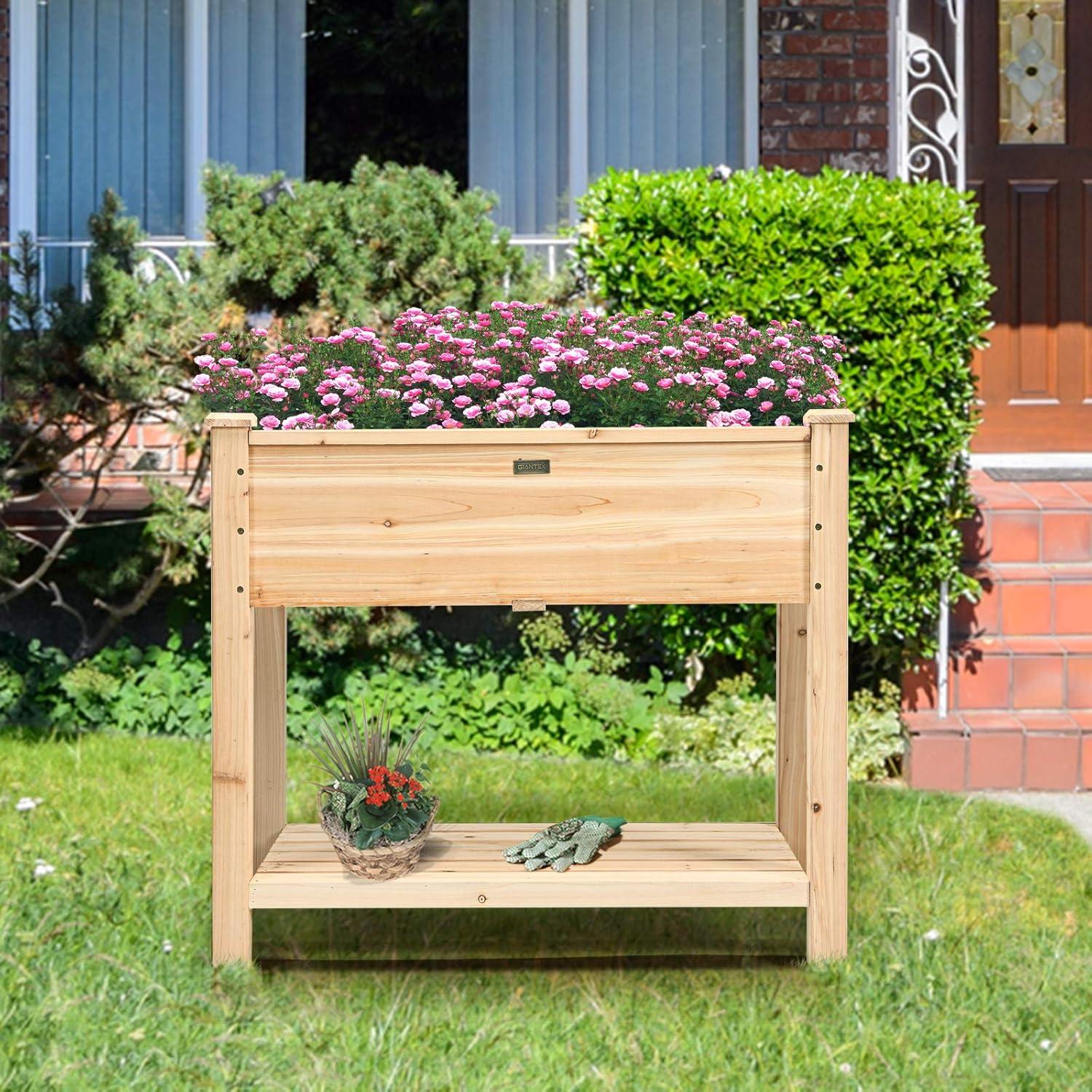 image:imageGiantex Raised Garden Bed Elevated Wood Planter Box Standing Garden Bed Kit wLegs amp Storage Shelf for Vegetable Flower Herb Outdoor Use for Patio Backyard Natural34Lx 18Wx 30H