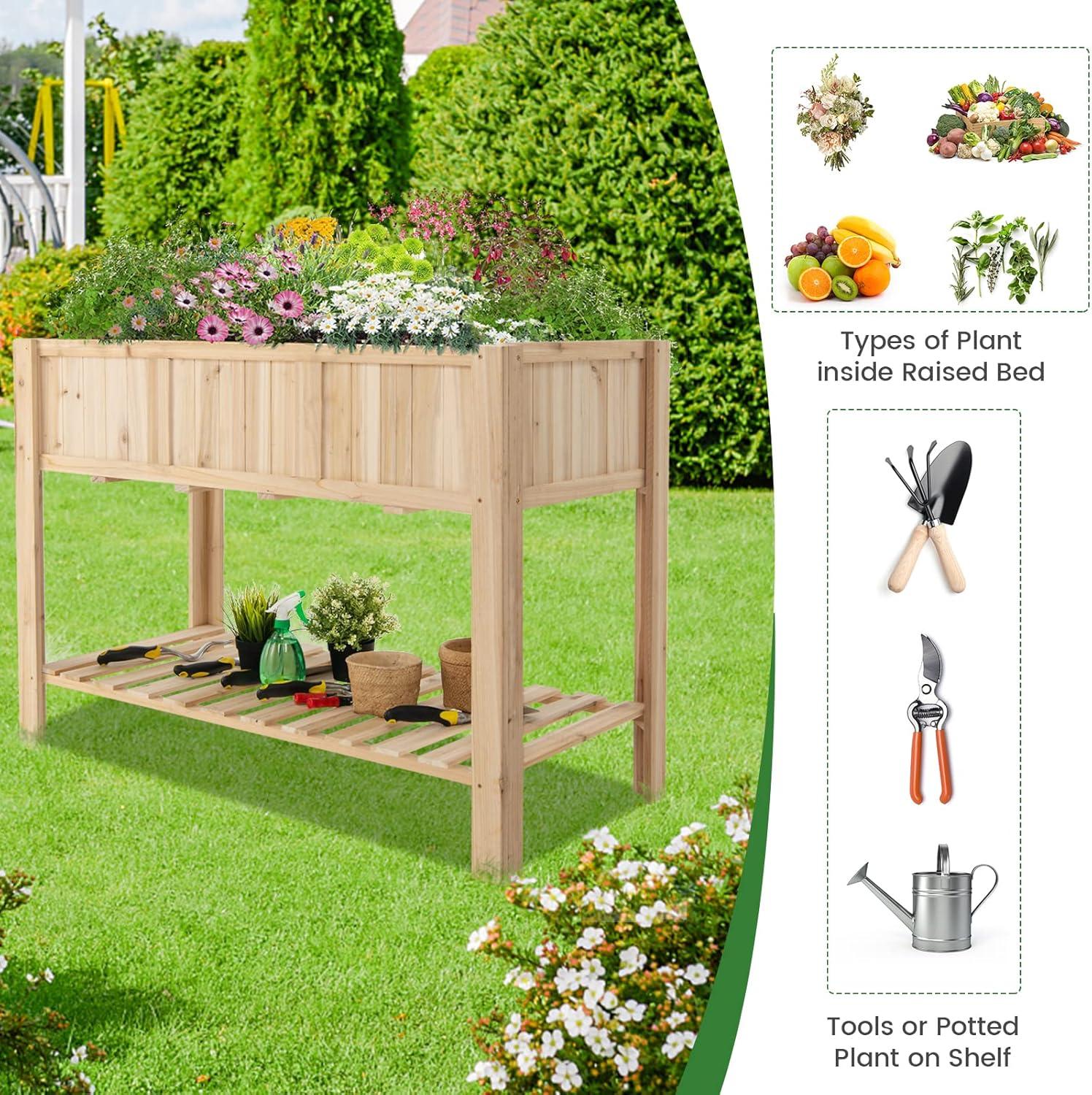 image:imageGiantex Raised Garden Bed Elevated Wood Planter Box Standing Garden Bed Kit wLegs amp Storage Shelf for Vegetable Flower Herb Outdoor Use for Patio Backyard Natural47Lx 23Wx 35H