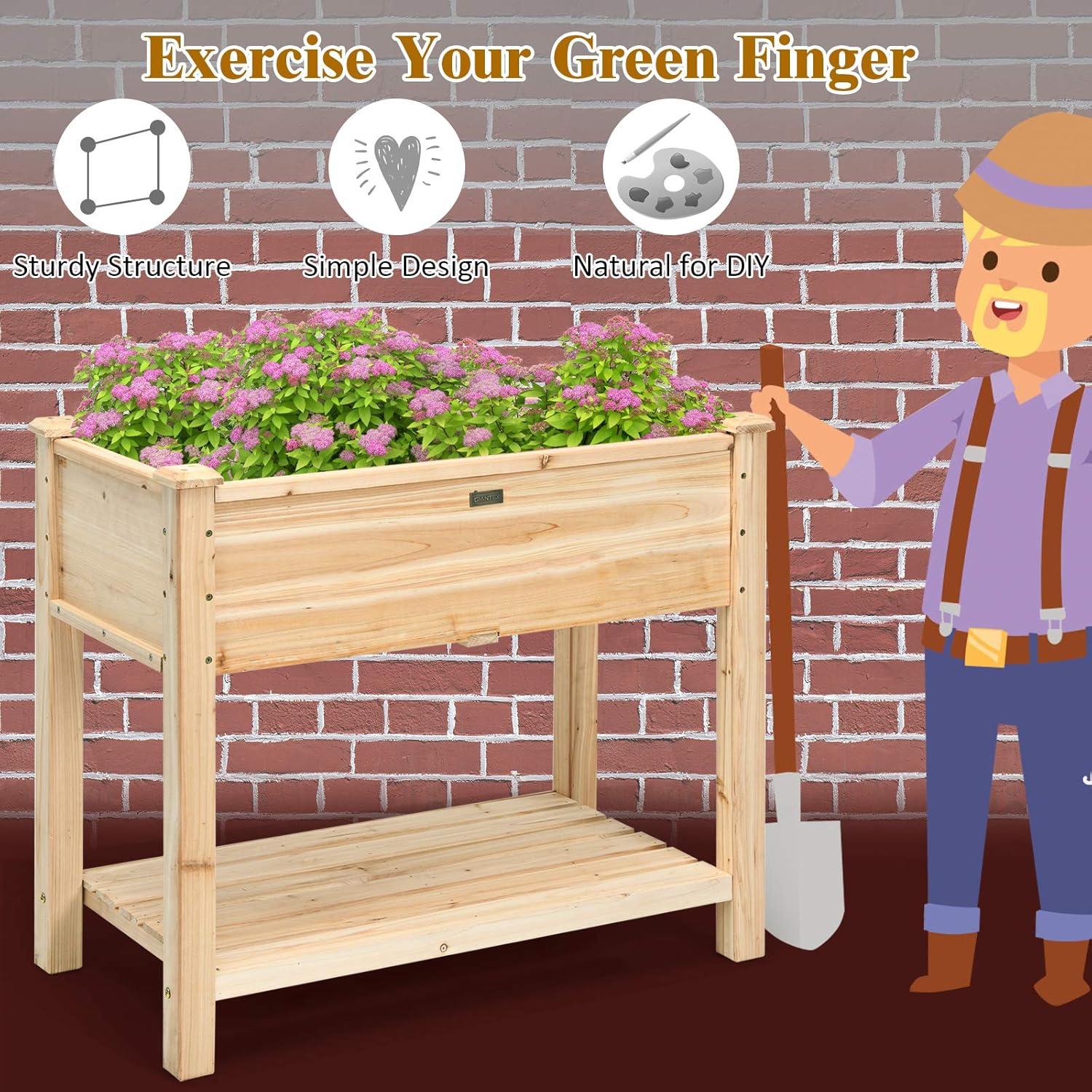 image:imageGiantex Raised Garden Bed Elevated Wood Planter Box Standing Garden Bed Kit wLegs amp Storage Shelf for Vegetable Flower Herb Outdoor Use for Patio Backyard Natural34Lx 18Wx 30H