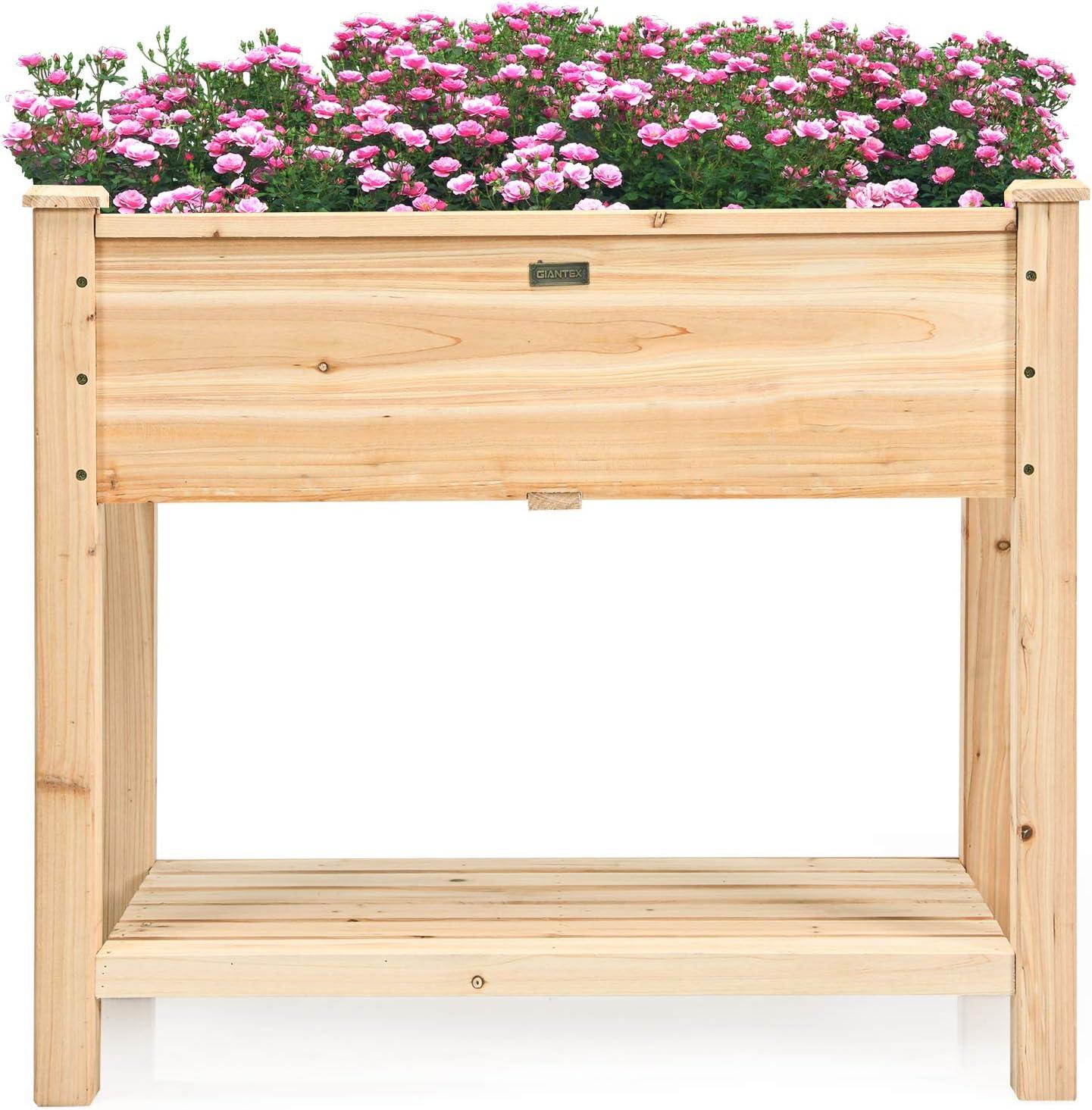image:imageGiantex Raised Garden Bed Elevated Wood Planter Box Standing Garden Bed Kit wLegs amp Storage Shelf for Vegetable Flower Herb Outdoor Use for Patio Backyard Natural34Lx 18Wx 30H