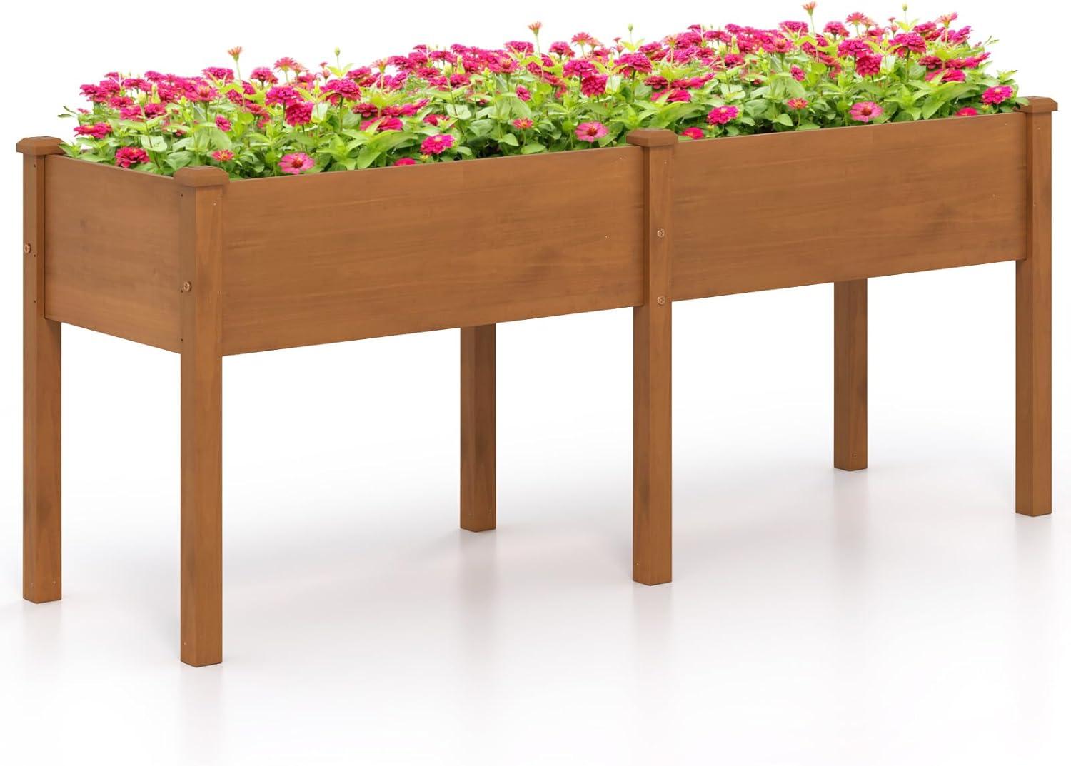 image:imageGiantex Raised Garden Bed Elevated Wood Planter Stand Garden Grow Box Kit WLegs for Vegetable Flower Herb Outdoor Planter WShelf for Garden Patio Backyard NaturalBrown