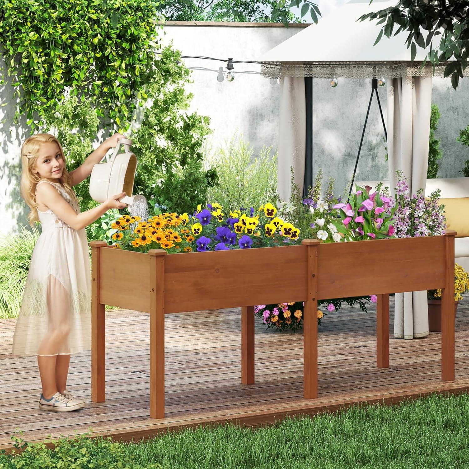 image:imageGiantex Raised Garden Bed Elevated Wood Planter Stand Garden Grow Box Kit WLegs for Vegetable Flower Herb Outdoor Planter WShelf for Garden Patio Backyard NaturalBrown