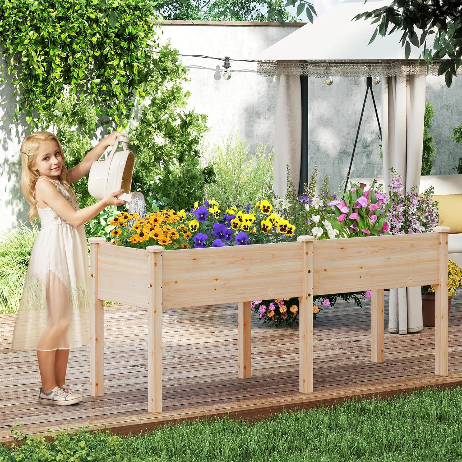 image:imageGiantex Raised Garden Bed Elevated Wood Planter Stand Garden Grow Box Kit WLegs for Vegetable Flower Herb Outdoor Planter WShelf for Garden Patio Backyard NaturalNatural