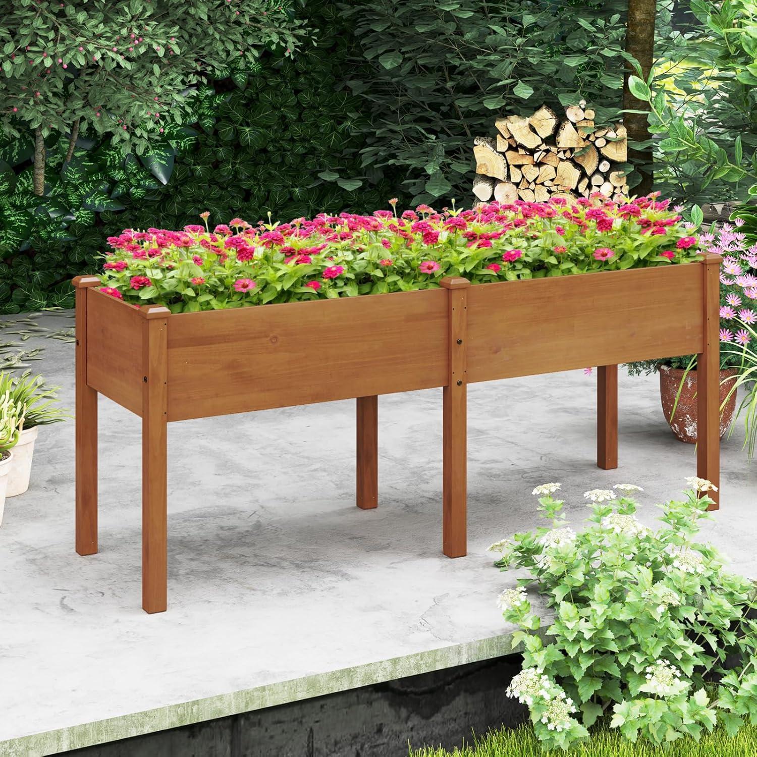 image:imageGiantex Raised Garden Bed Elevated Wood Planter Stand Garden Grow Box Kit WLegs for Vegetable Flower Herb Outdoor Planter WShelf for Garden Patio Backyard NaturalBrown