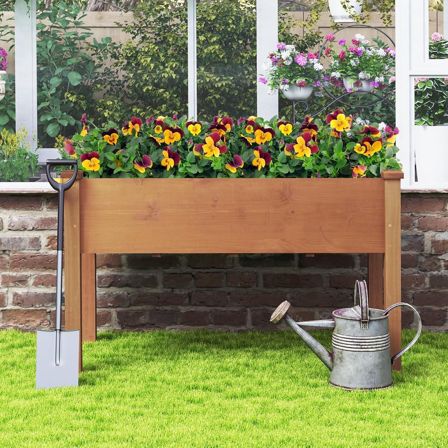 image:imageGiantex Raised Garden Bed Elevated Wood Planter Stand Garden Grow Box Kit WLegs for Vegetable Flower Herb Outdoor Planter WShelf for Garden Patio Backyard NaturalBrown