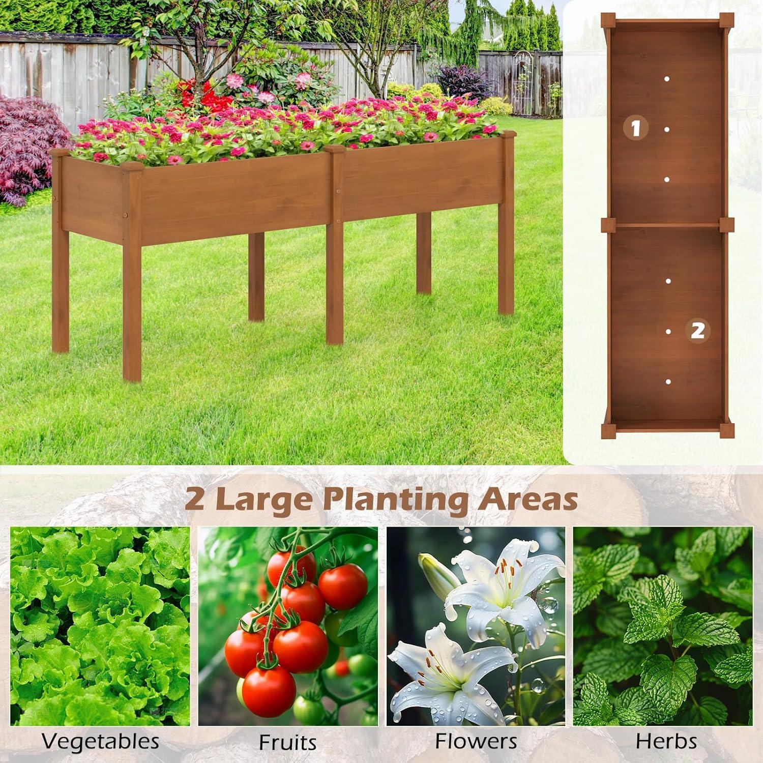 image:imageGiantex Raised Garden Bed Elevated Wood Planter Stand Garden Grow Box Kit WLegs for Vegetable Flower Herb Outdoor Planter WShelf for Garden Patio Backyard NaturalBrown