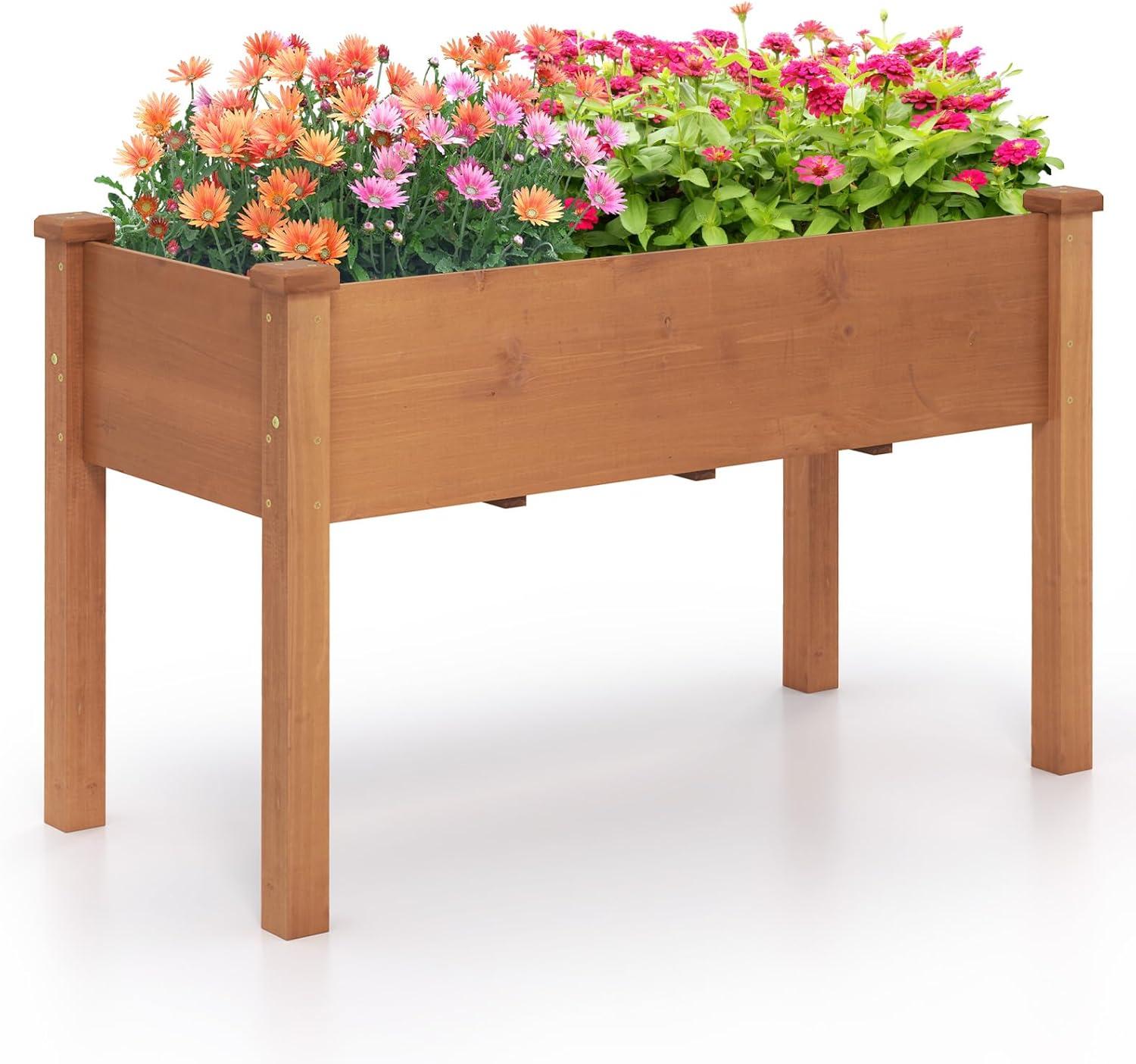 image:imageGiantex Raised Garden Bed Elevated Wood Planter Stand Garden Grow Box Kit WLegs for Vegetable Flower Herb Outdoor Planter WShelf for Garden Patio Backyard NaturalBrown