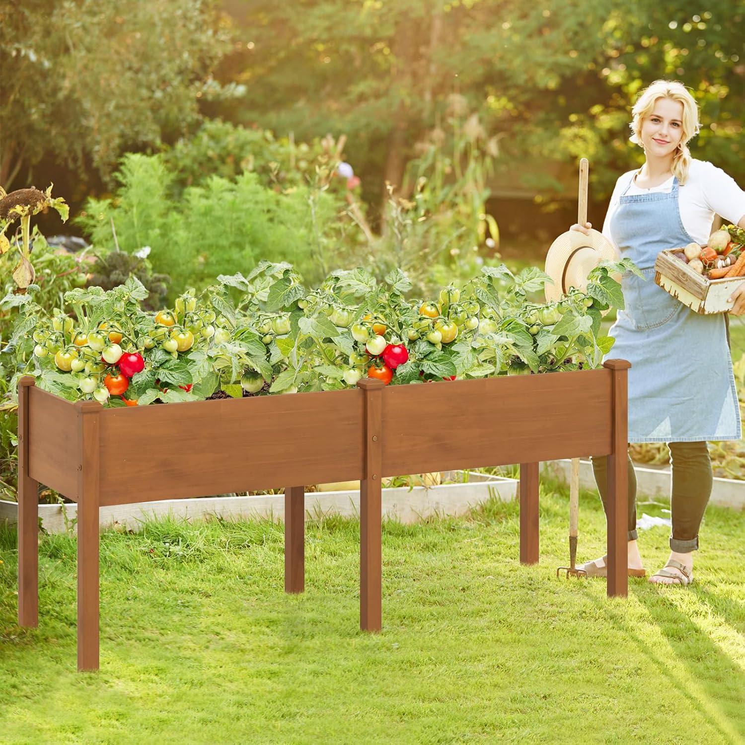 image:imageGiantex Raised Garden Bed Elevated Wood Planter Stand Garden Grow Box Kit WLegs for Vegetable Flower Herb Outdoor Planter WShelf for Garden Patio Backyard NaturalBrown