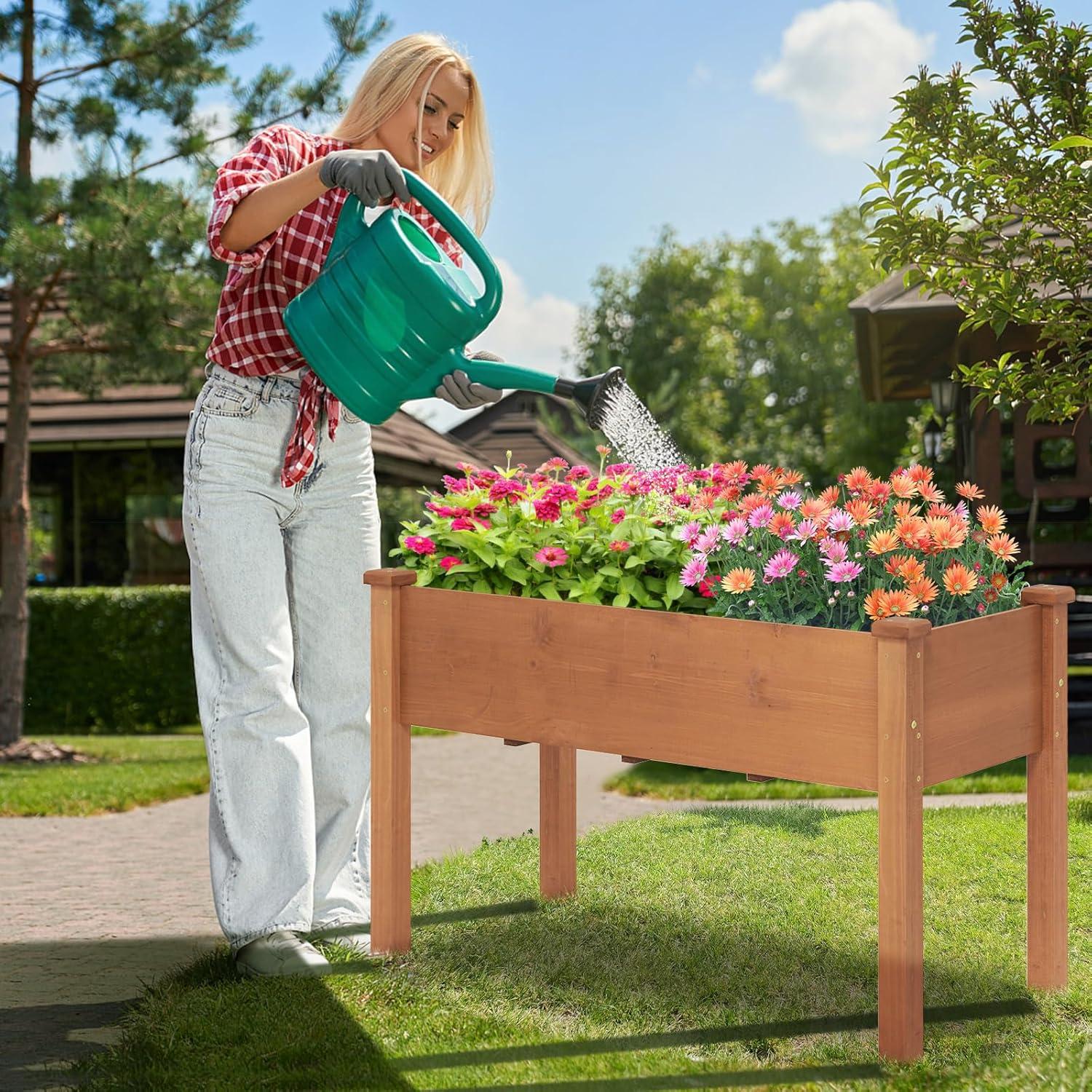 image:imageGiantex Raised Garden Bed Elevated Wood Planter Stand Garden Grow Box Kit WLegs for Vegetable Flower Herb Outdoor Planter WShelf for Garden Patio Backyard NaturalBrown