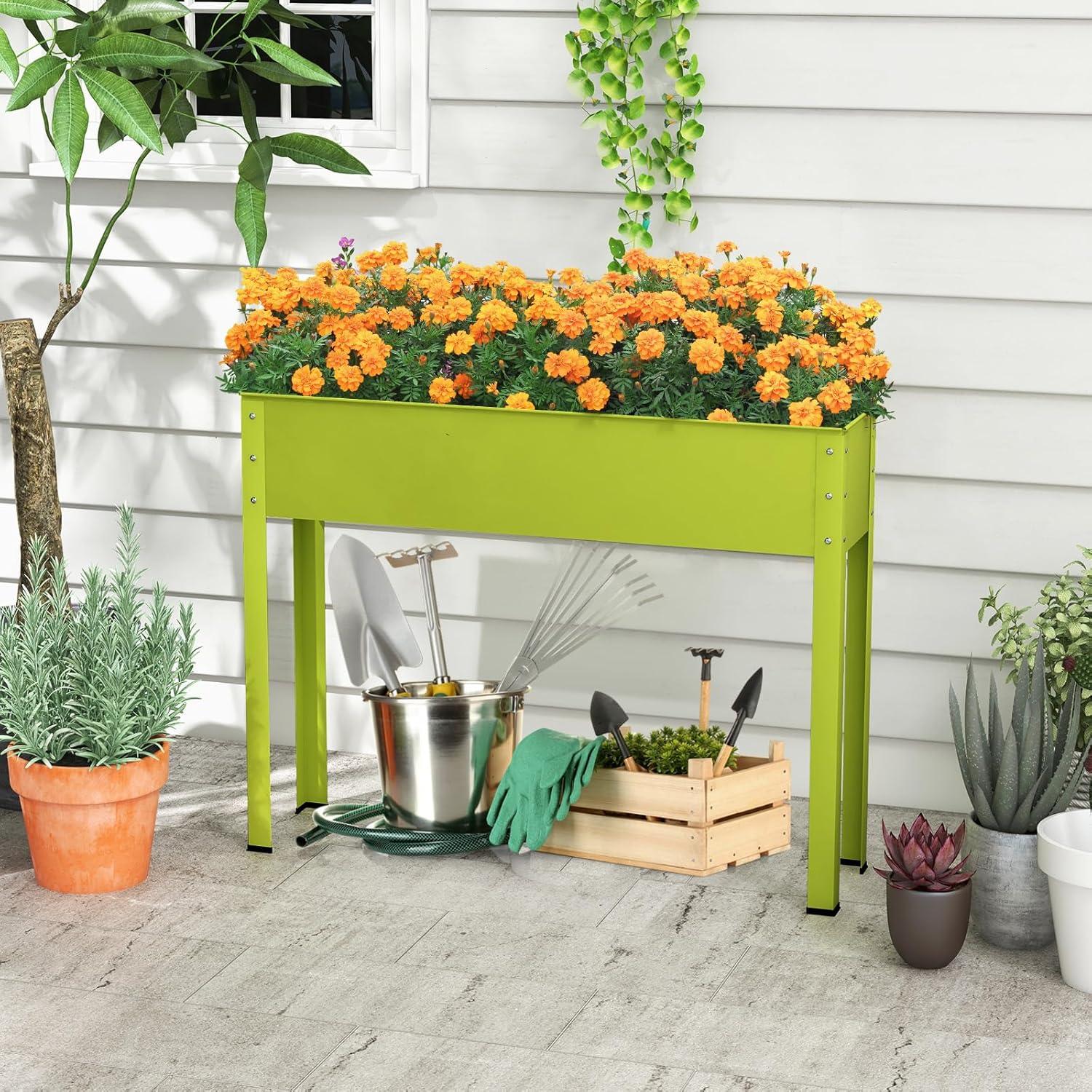 image:imageGiantex Raised Garden Bed Metal Planter Box with Legs Drain Hole Outdoor Indoor Elevated Garden Box for Vegetable Flower Herb Fruit Standing Raised Beds for Backyard Porch Balcony GreenGreen