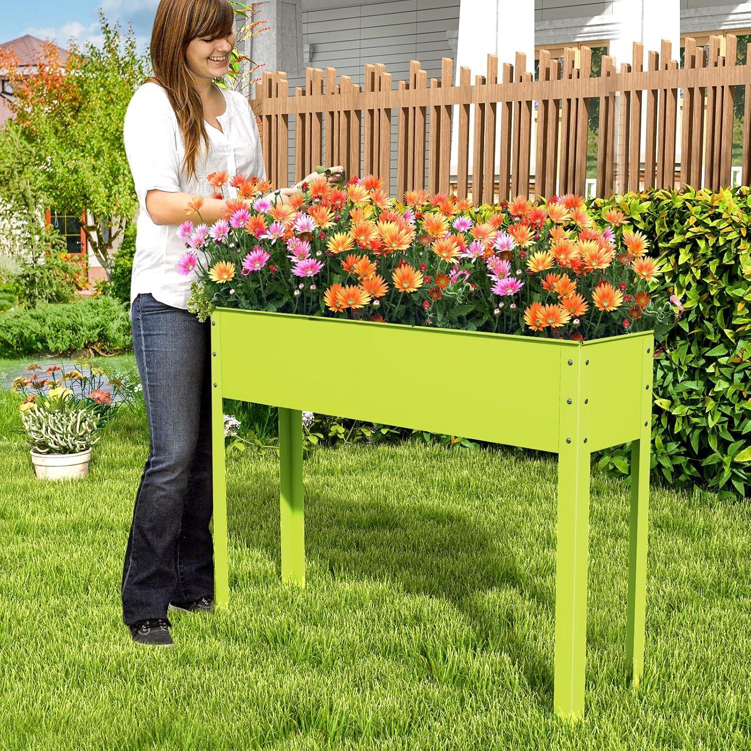 image:imageGiantex Raised Garden Bed Metal Planter Box with Legs Drain Hole Outdoor Indoor Elevated Garden Box for Vegetable Flower Herb Fruit Standing Raised Beds for Backyard Porch Balcony GreenGreen