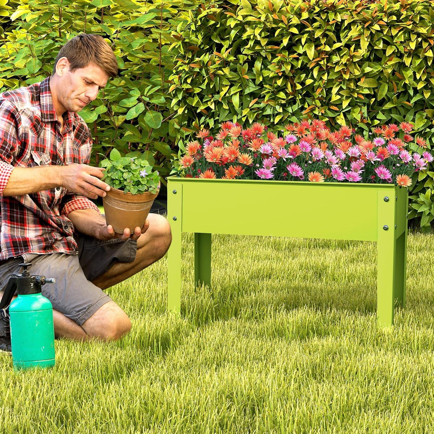 image:imageGiantex Raised Garden Bed Metal Planter Box with Legs Drain Hole Outdoor Indoor Elevated Garden Box for Vegetable Flower Herb Fruit Standing Raised Beds for Backyard Porch Balcony GreenGreen