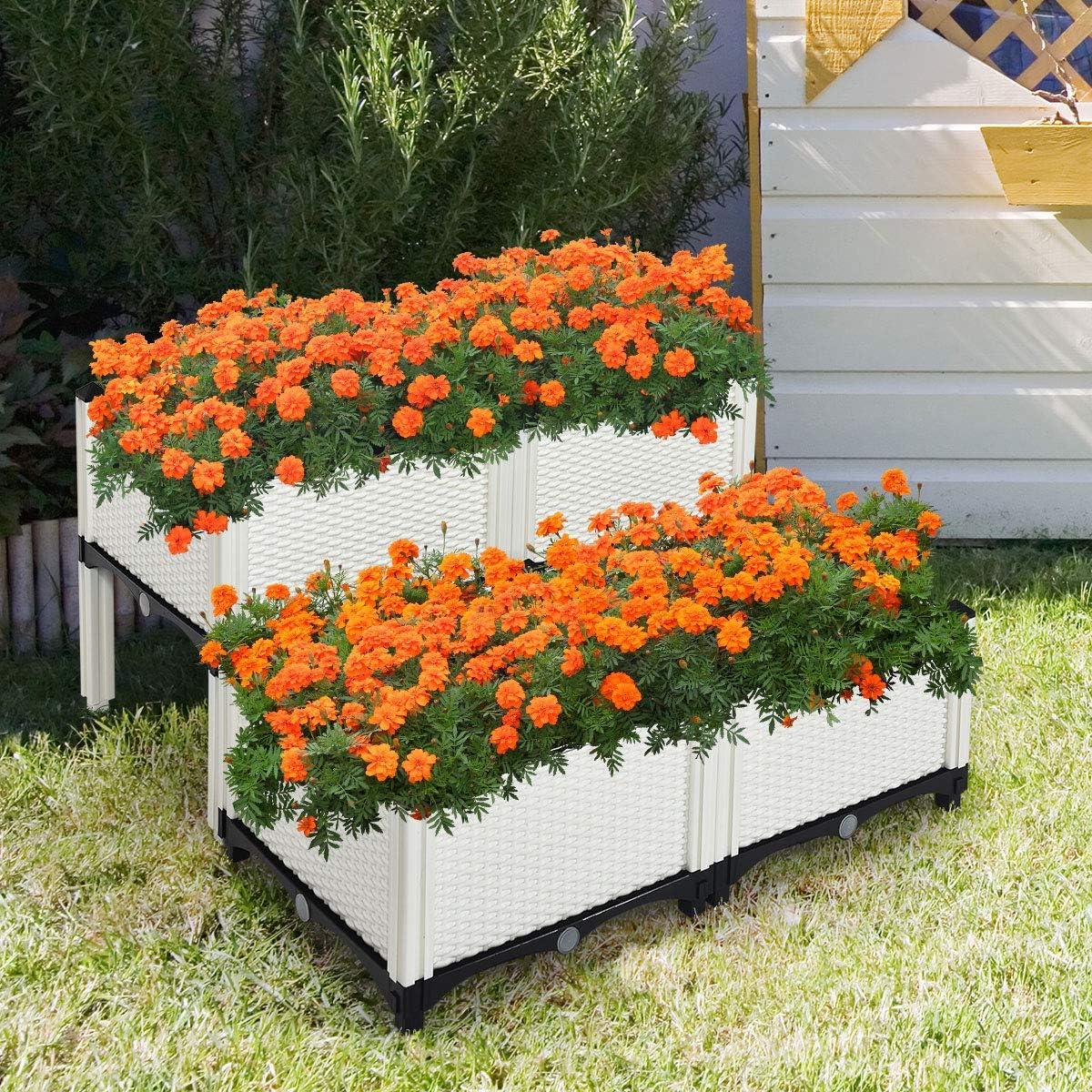 image:imageGiantex Raised Garden Bed Set of 4 Planter Raised Beds Kits with Drain Holes for Fruit Flowers Vegetables Outdoor Elevated Planting Box for Lawn Patio Balcony Easy Assembly RattanLike Look WhiteWhite