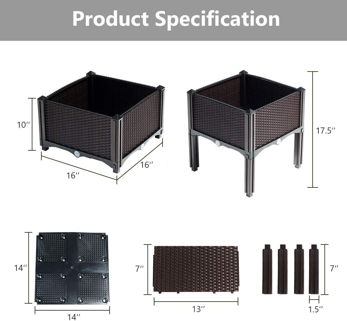 image:imageGiantex Raised Garden Bed Set of 4 Planter Raised Beds Kits with Drain Holes for Fruit Flowers Vegetables Outdoor Elevated Planting Box for Lawn Patio Balcony Easy Assembly RattanLike Look WhiteBrown