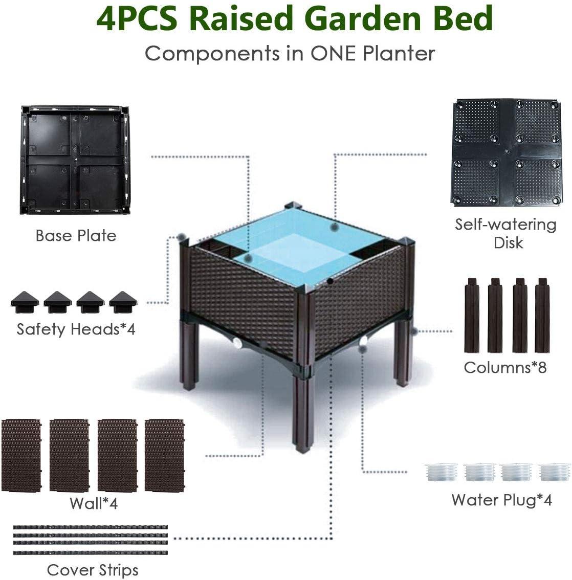 image:imageGiantex Raised Garden Bed Set of 4 Planter Raised Beds Kits with Drain Holes for Fruit Flowers Vegetables Outdoor Elevated Planting Box for Lawn Patio Balcony Easy Assembly RattanLike Look WhiteBrown
