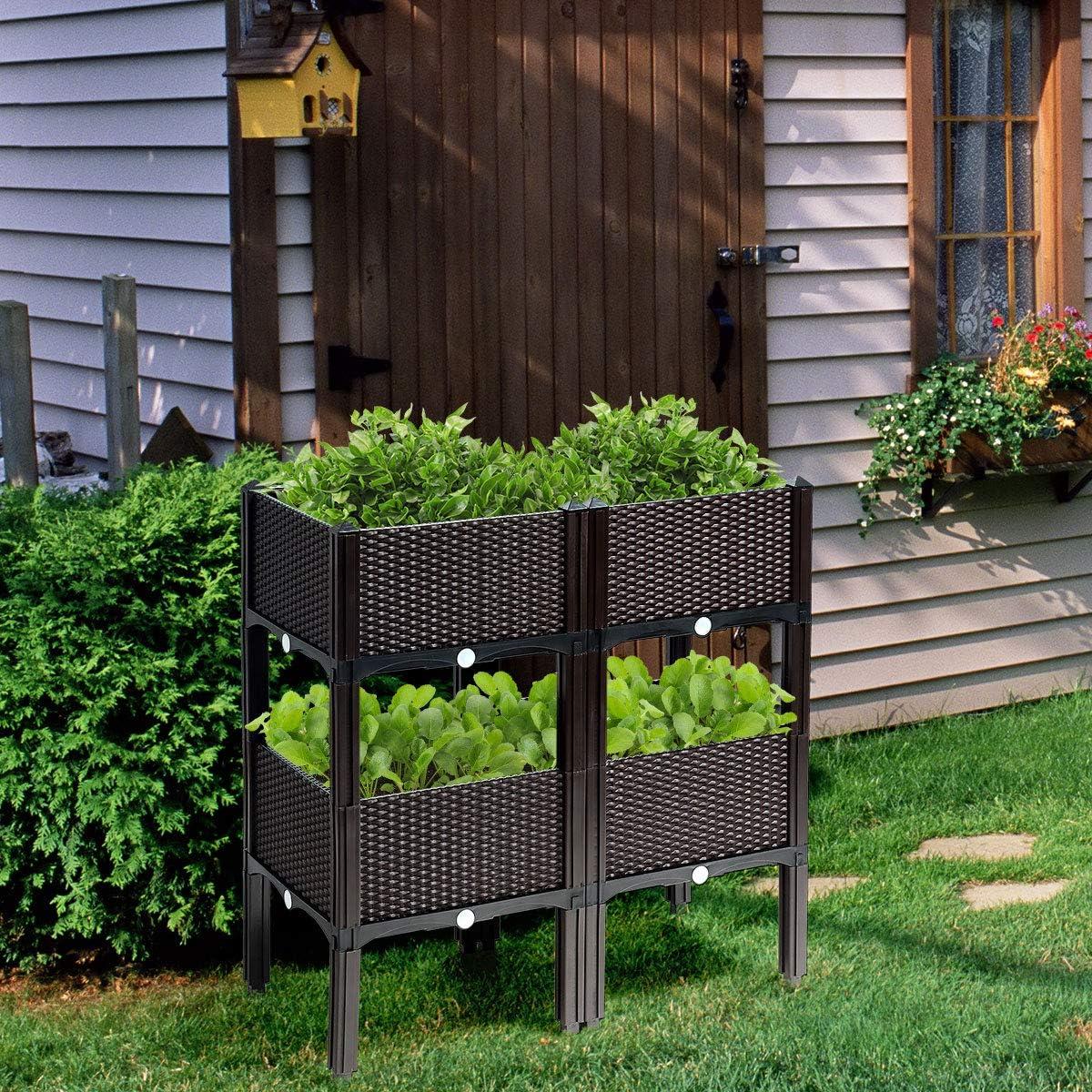 image:imageGiantex Raised Garden Bed Set of 4 Planter Raised Beds Kits with Drain Holes for Fruit Flowers Vegetables Outdoor Elevated Planting Box for Lawn Patio Balcony Easy Assembly RattanLike Look WhiteBrown