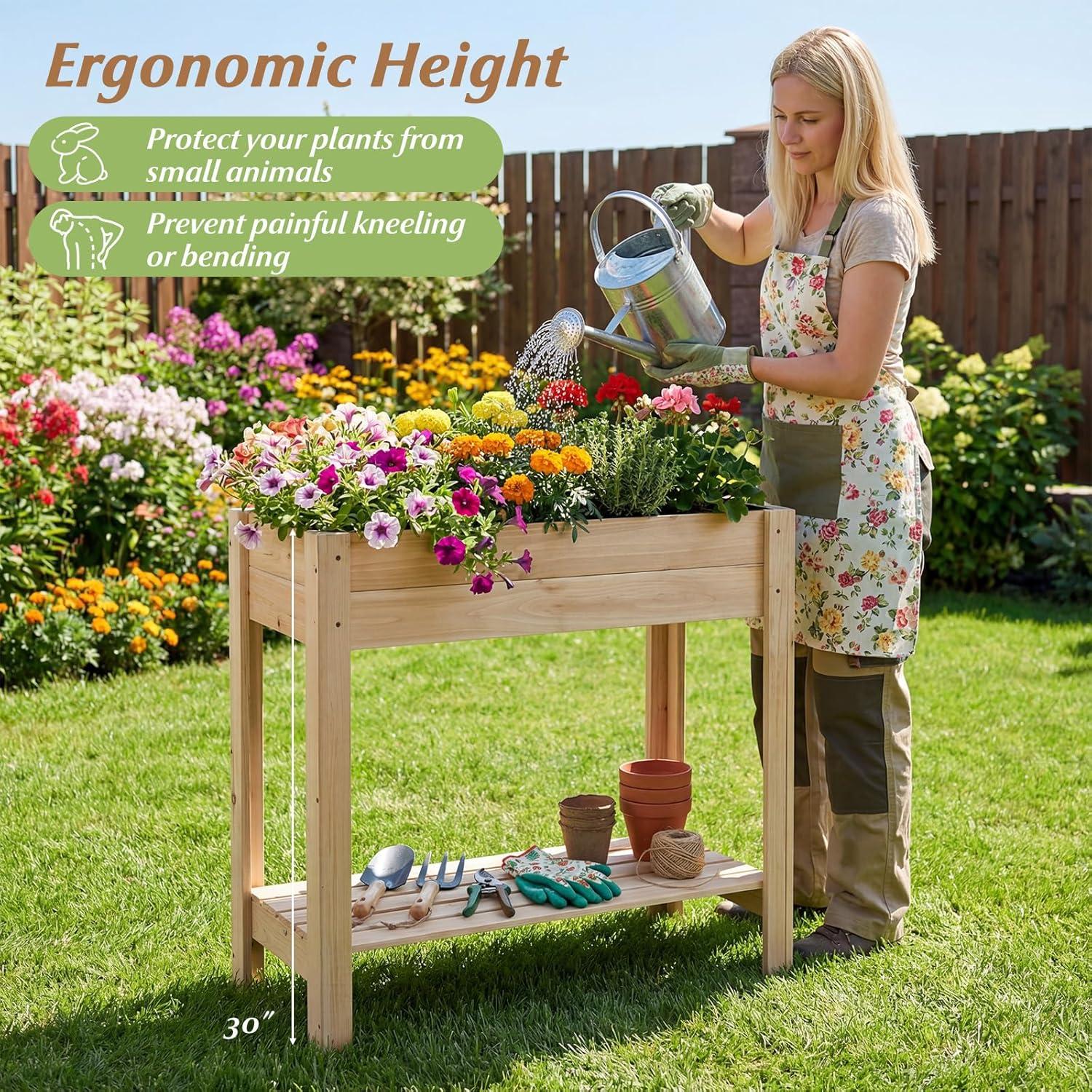 image:imageGiantex Raised Garden Bed on Wheels Wood Planter Box with Legs Liner Drain Holes Elevated Garden Bed for Vegetables Standing Garden Container for Backyard Patio 475 LX 235 WX 33 H32x15x30