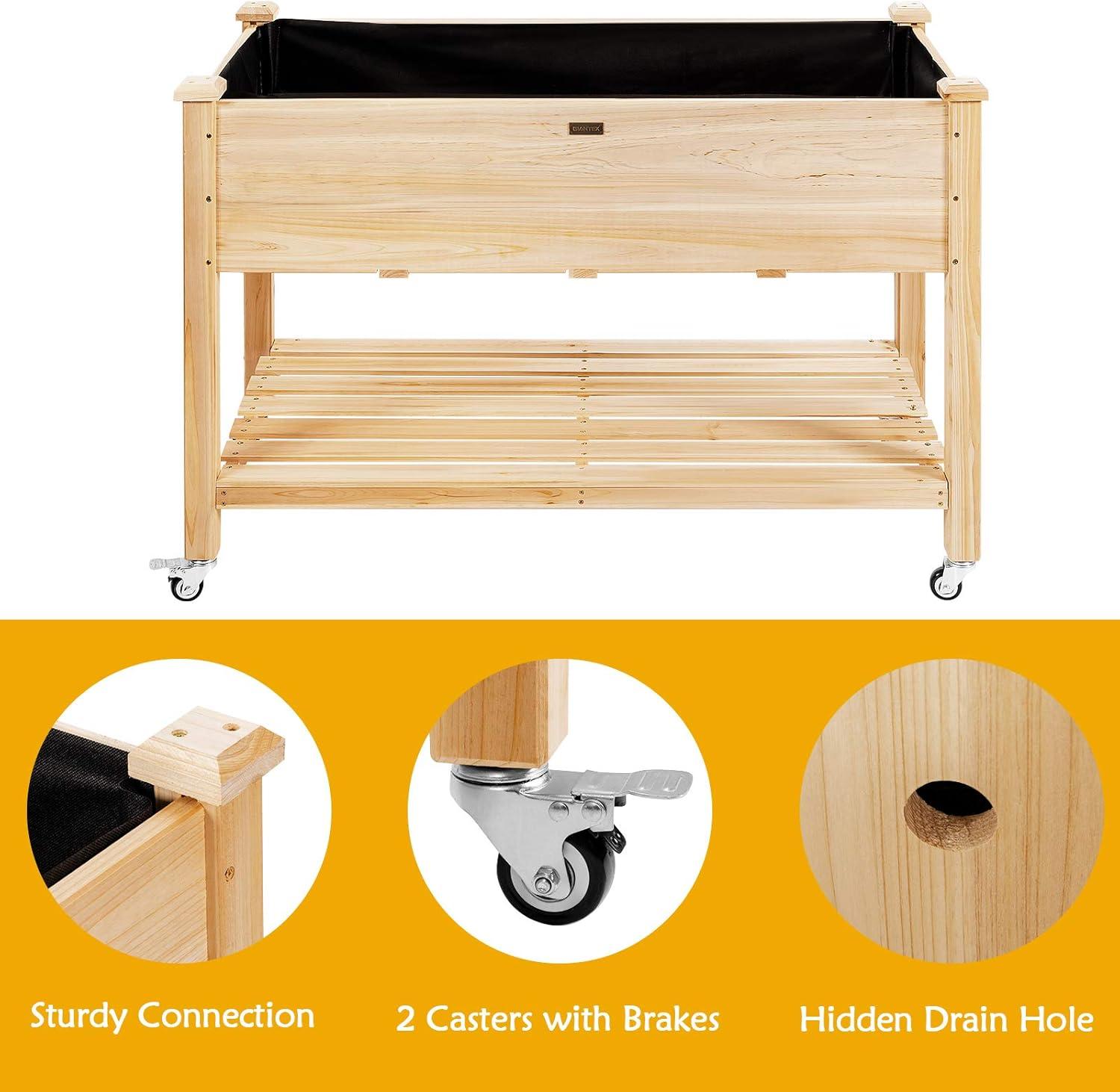 image:imageGiantex Raised Garden Bed on Wheels Wood Planter Box with Legs Liner Drain Holes Elevated Garden Bed for Vegetables Standing Garden Container for Backyard Patio 475 LX 235 WX 33 H475x235x33