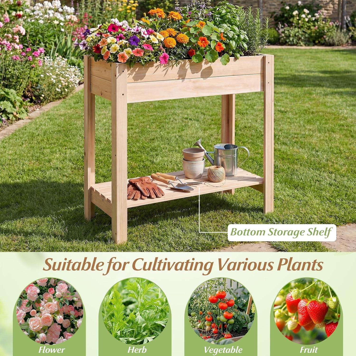 image:imageGiantex Raised Garden Bed on Wheels Wood Planter Box with Legs Liner Drain Holes Elevated Garden Bed for Vegetables Standing Garden Container for Backyard Patio 475 LX 235 WX 33 H32x15x30