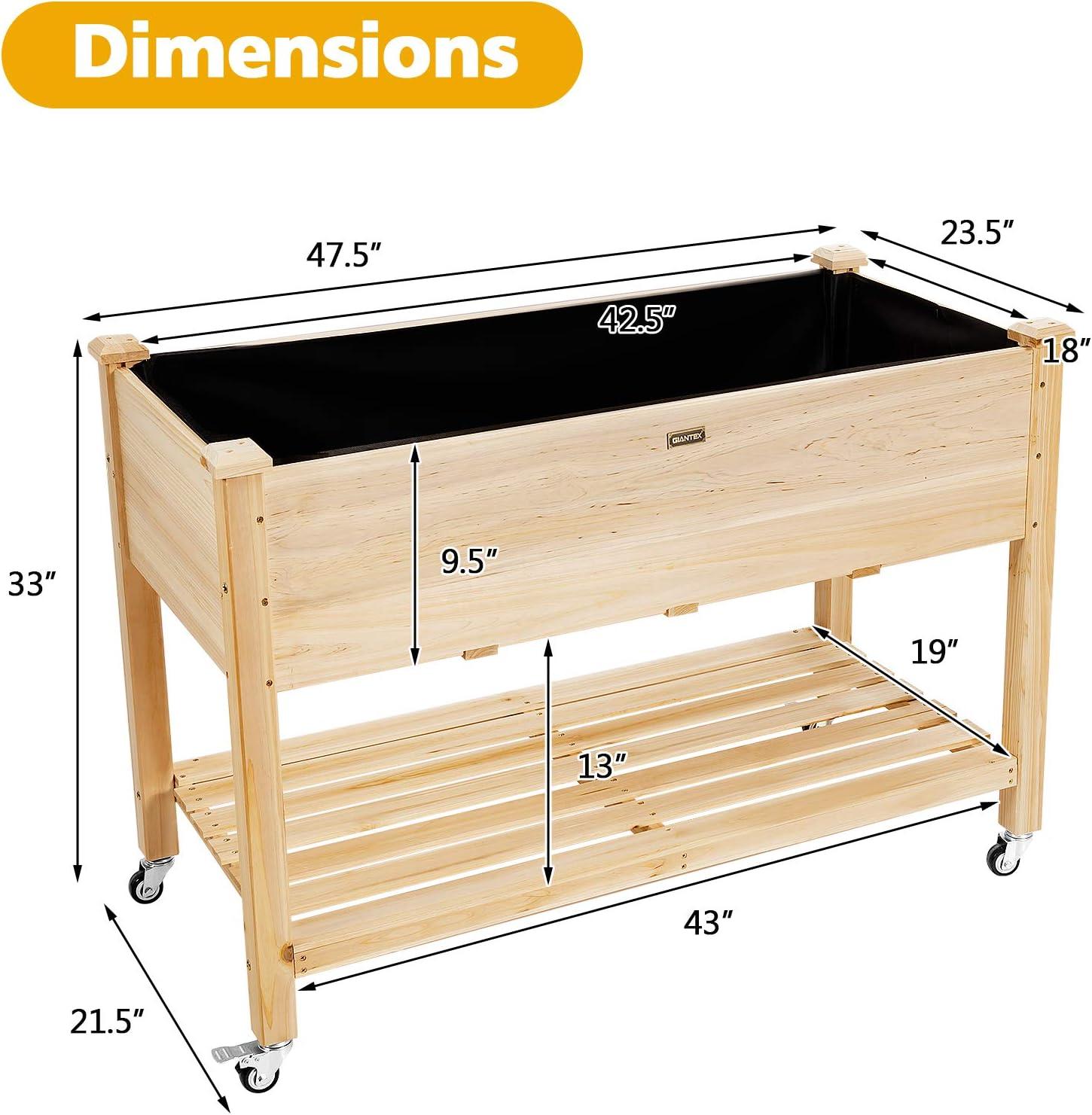 image:imageGiantex Raised Garden Bed on Wheels Wood Planter Box with Legs Liner Drain Holes Elevated Garden Bed for Vegetables Standing Garden Container for Backyard Patio 475 LX 235 WX 33 H475x235x33