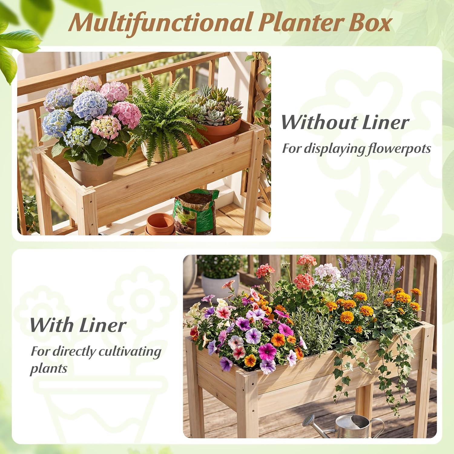 image:imageGiantex Raised Garden Bed on Wheels Wood Planter Box with Legs Liner Drain Holes Elevated Garden Bed for Vegetables Standing Garden Container for Backyard Patio 475 LX 235 WX 33 H32x15x30