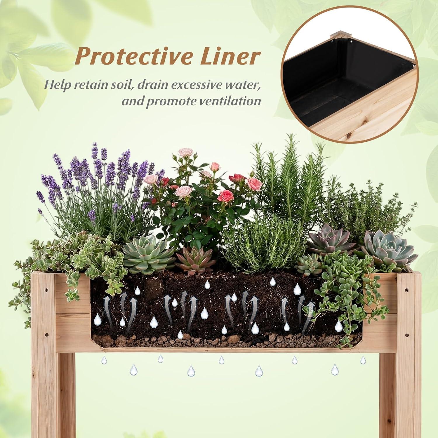image:imageGiantex Raised Garden Bed on Wheels Wood Planter Box with Legs Liner Drain Holes Elevated Garden Bed for Vegetables Standing Garden Container for Backyard Patio 475 LX 235 WX 33 H32x15x30