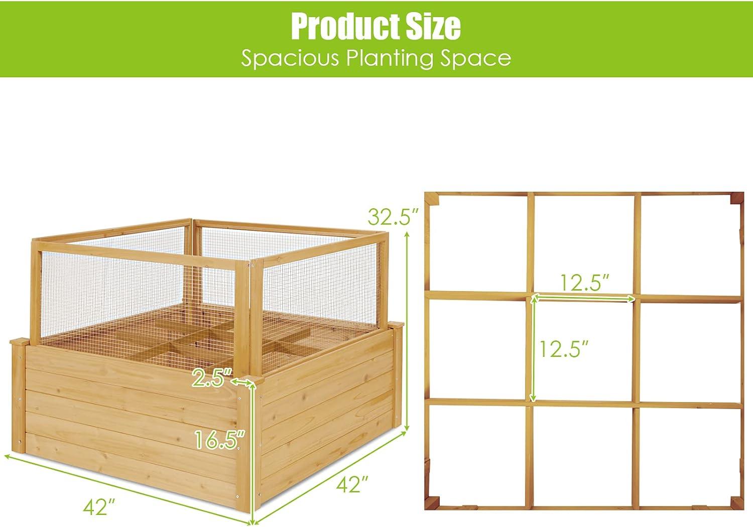 image:imageGiantex Raised Garden Bed with Fence Wood Planter Raised Bed with Critter Guard Fence 9 Grids Plant Container Outdoor Plant Box for Garden Patio Backyard Balcony 42 Lx42 Wx325 H42LX42WX325H
