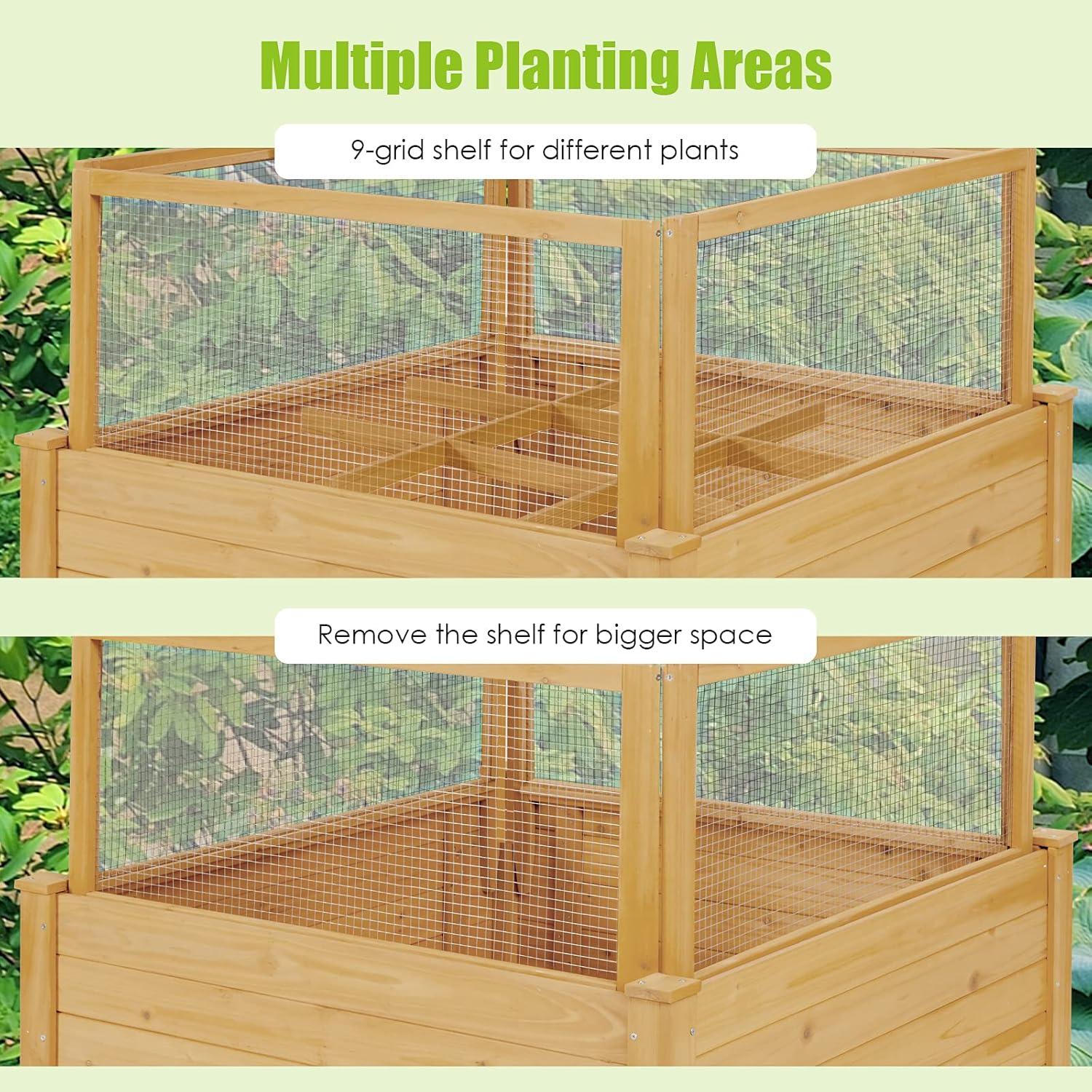 image:imageGiantex Raised Garden Bed with Fence Wood Planter Raised Bed with Critter Guard Fence 9 Grids Plant Container Outdoor Plant Box for Garden Patio Backyard Balcony 42 Lx42 Wx325 H42LX42WX325H
