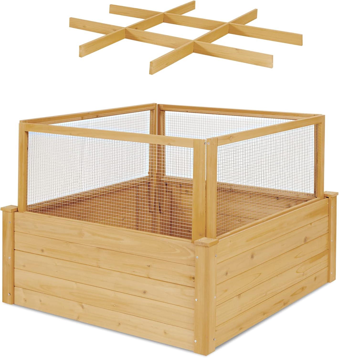 image:imageGiantex Raised Garden Bed with Fence Wood Planter Raised Bed with Critter Guard Fence 9 Grids Plant Container Outdoor Plant Box for Garden Patio Backyard Balcony 42 Lx42 Wx325 H42LX42WX325H