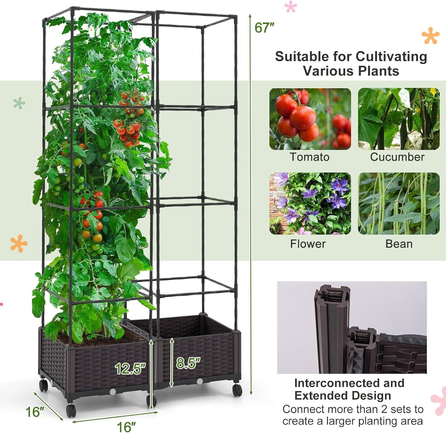 image:imageGiantex Raised Garden Bed with Tomato Cages 67 Adjustable Height Self Watering Planter Garden Box with Wheels Trellis for Climbing Plants Vegetable Flower2