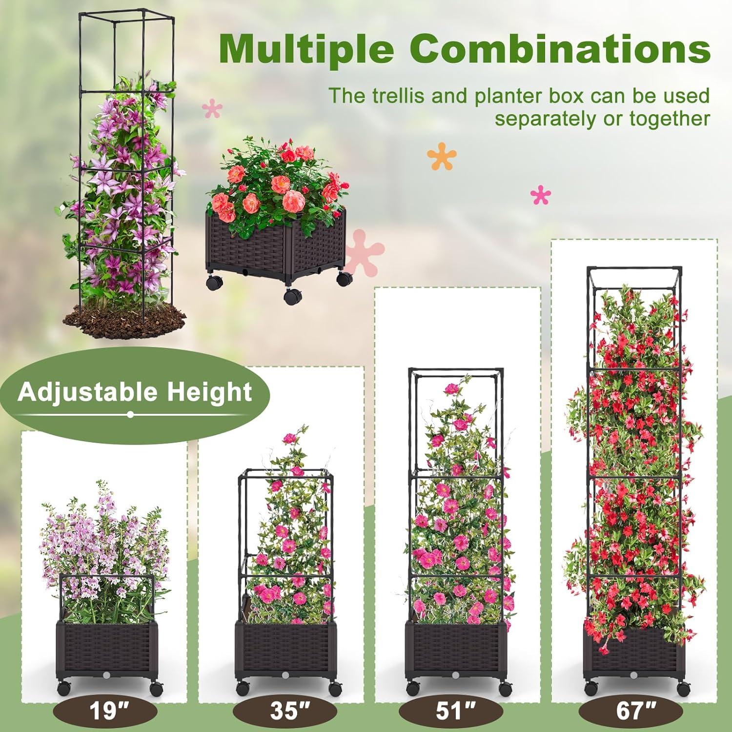 image:imageGiantex Raised Garden Bed with Tomato Cages 67 Adjustable Height Self Watering Planter Garden Box with Wheels Trellis for Climbing Plants Vegetable Flower2