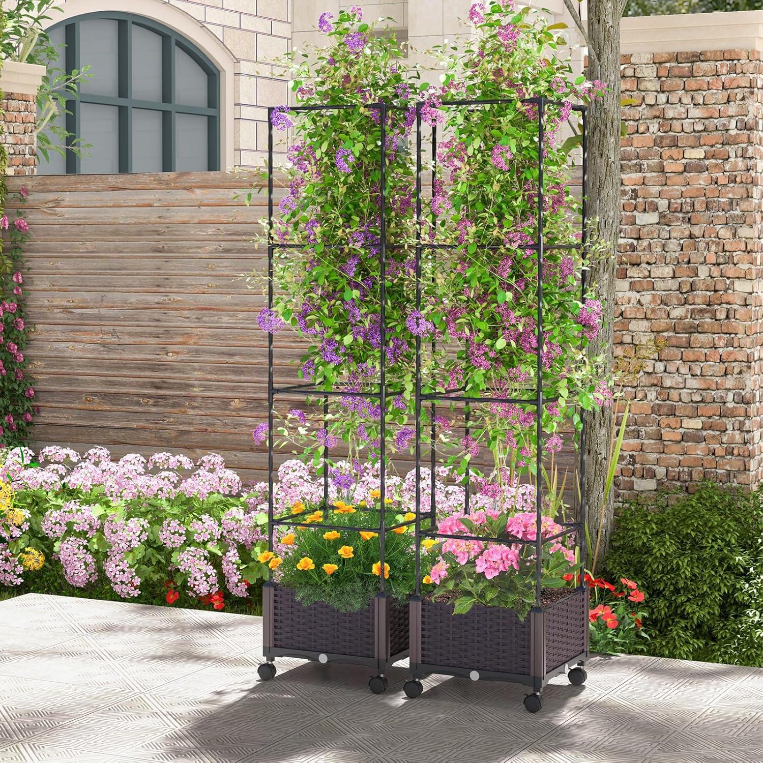image:imageGiantex Raised Garden Bed with Tomato Cages 67 Adjustable Height Self Watering Planter Garden Box with Wheels Trellis for Climbing Plants Vegetable Flower1